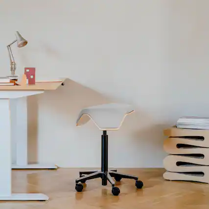 Front. Branch Furniture - Branch Saddle Chair Plus – Rolling Ergonomic Stool for Healthy Posture with Birch Frame and Recycled Seat Fabric" - Dove / Wood.