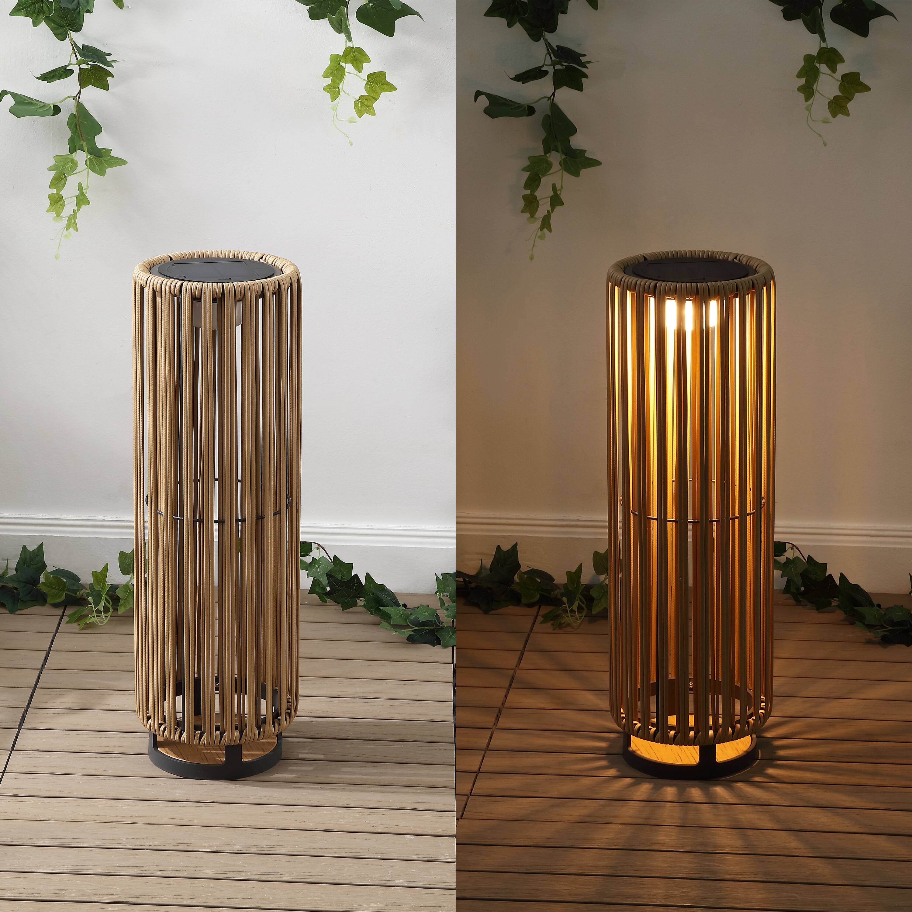Alt View 4. Jonathan Y - Sawara 26.75" Modern Minimalist Faux Rattan Integrated Indoor/Outdoor LED Solar Powered Lantern, Natural - Natural.
