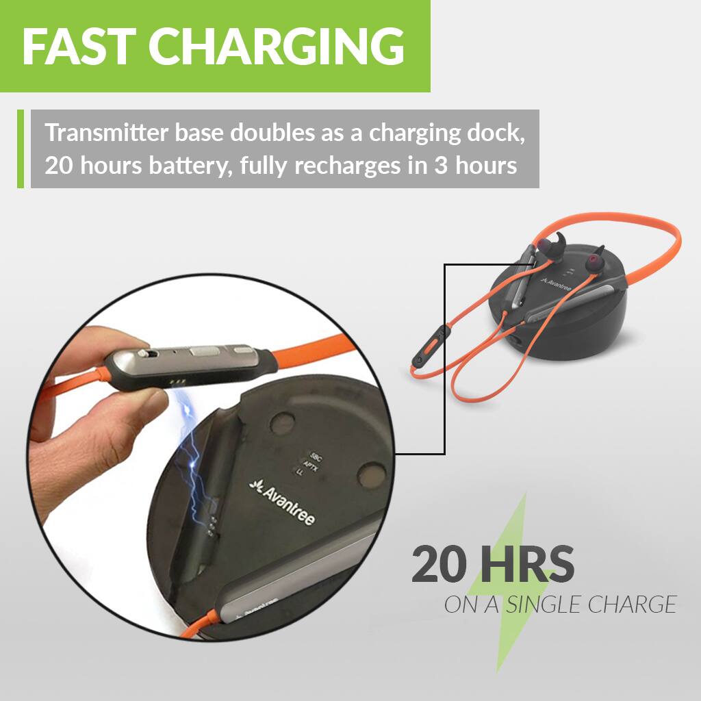 FAST CHARGING  
Transmitter base doubles as a charging dock, 20 hours battery, fully recharges in 3 hours  

20 HRS ON A SINGLE CHARGE