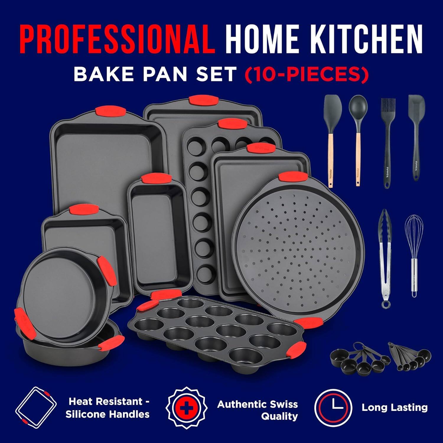 PROFESSIONAL HOME KITCHEN BAKE PAN SET (10-PIECES) Heat Resistant - Silicone Handles + Authentic Swiss Quality + Long Lasting