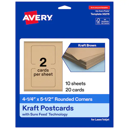 Go to avery.com/templates
Use Avery Presta™ Template 95276
Kraft Brown
2 cards per sheet
10 sheets
20 cards
4-1/4" x 5-1/2" Rounded Corners
Kraft Postcards with Sure Feed™ Technology for Laser/Inkjet