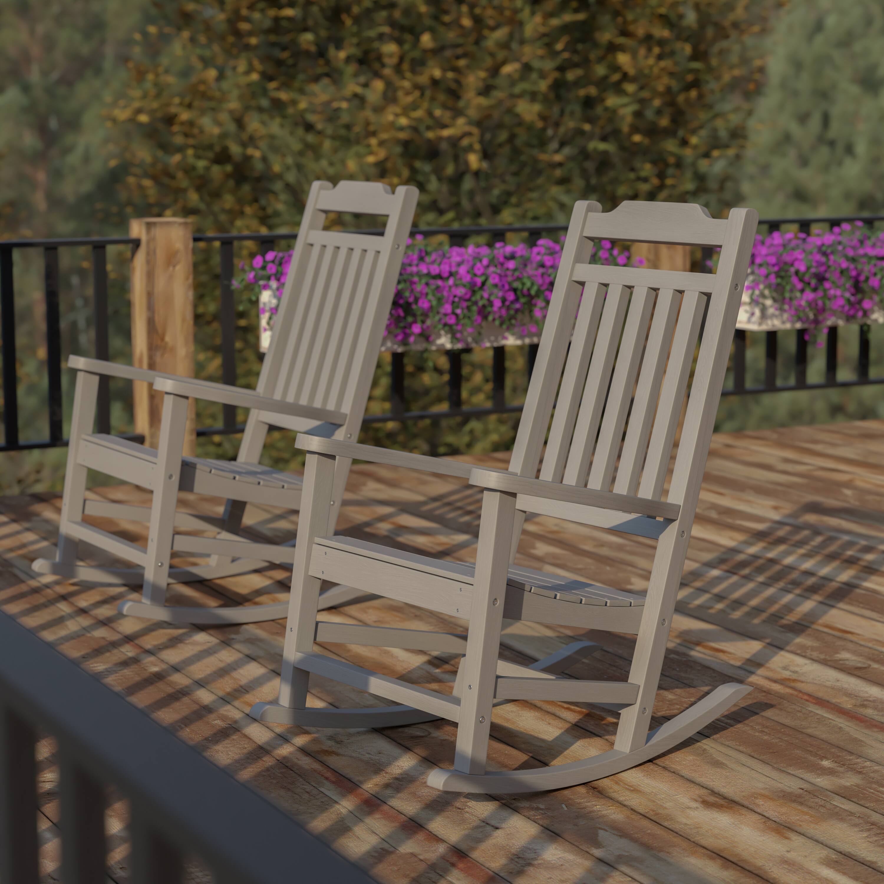 Alt View 2. Emma + Oliver - Set of 2 All-Weather Poly Resin Faux Wood Rocking Chairs for Porch &Patio - Gray.