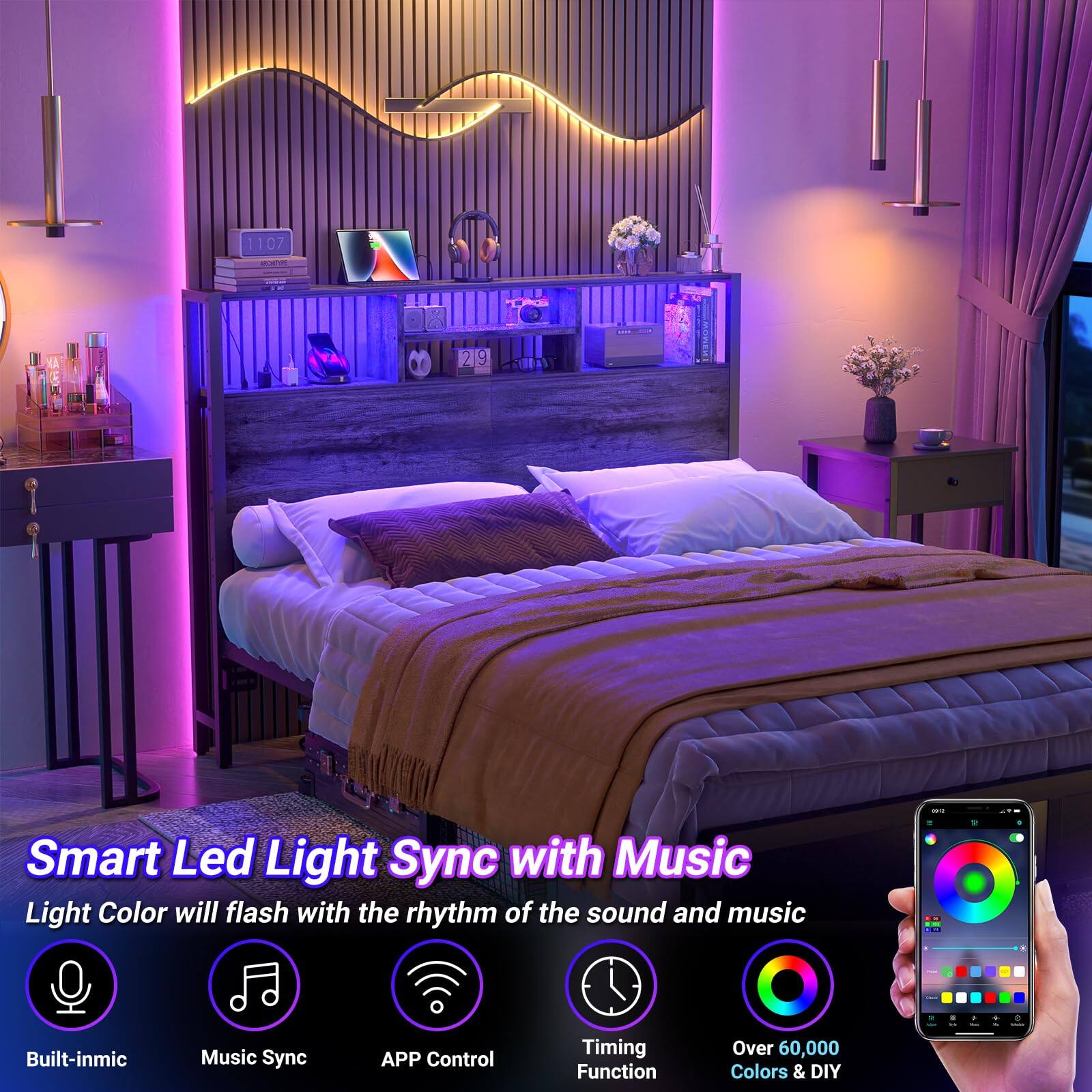 1107 219 9 Smart Led Light Sync with Music  
Light Color will flash with the rhythm of the sound and music  
- Built-in mic  
- Music Sync  
- APP Control  
- Timing Function  
- Over 60,000 Colors & DIY