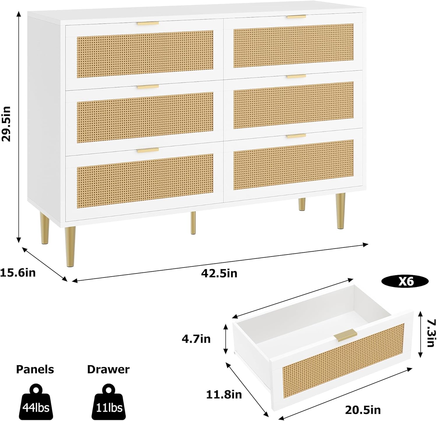 - Height: 29.5in
- Width: 42.5in
- Depth: 15.6in
- Drawer Height: 4.7in
- Drawer Depth: 11.8in
- Drawer Width: 20.5in
- Panel Weight: 44lbs
- Drawer Weight: 11lbs
- Drawer Interior Height: 7.3in
- Drawer Interior Depth: 5in
- Number of Drawers: X6