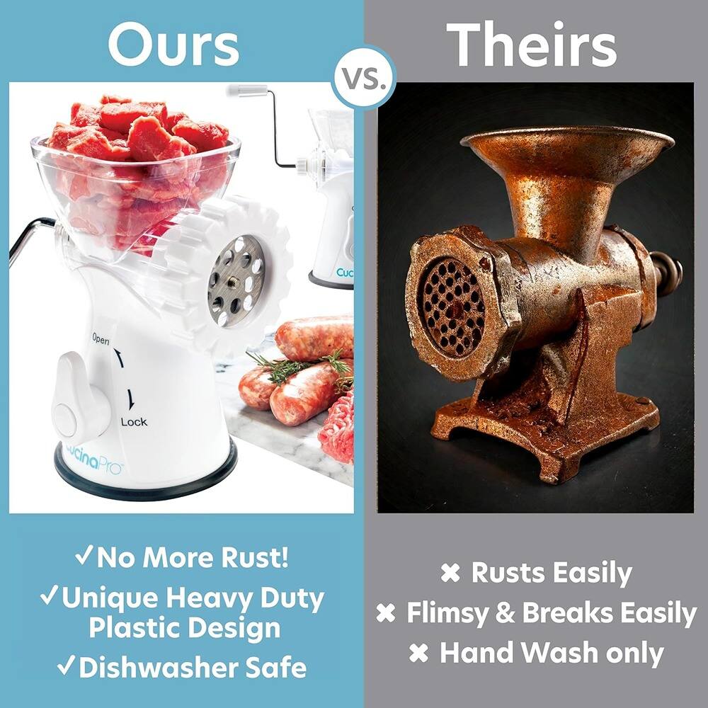 **Ours**

- No More Rust!
- Unique Heavy Duty Plastic Design
- Dishwasher Safe

**Theirs**

- Rusts Easily
- Flimsy & Breaks Easily
- Hand Wash only