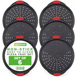 NutriChef - NCBPIZ1X6 Non-Stick Pizza Tray with Silicone Handles, 6-Pack, Perforated Steel Pans, Dishwasher Safe - Black, Red