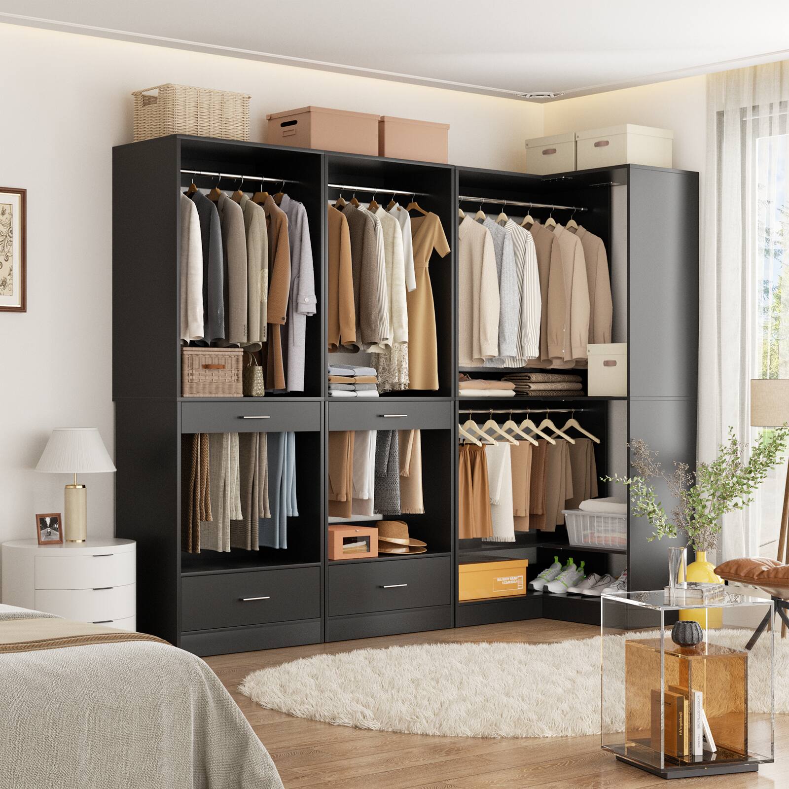 Alt View 4. Aheaplus - 47.2'' All-in-One Closet Organizer with 2 Drawers, Freestanding Wardrobe Closet Rack with Pant Racks & Hanging Rods - Black.