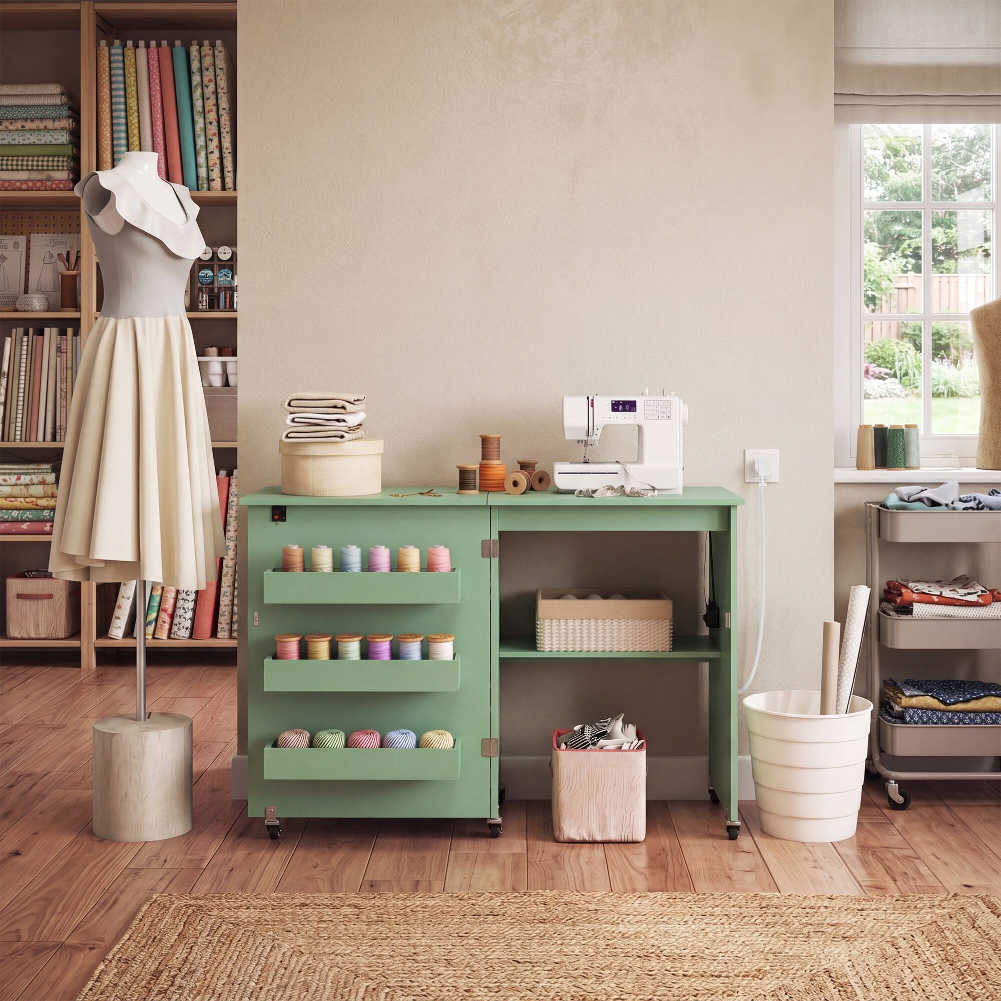 Alt View 3. Costway - Costway Folding Sewing Machine Table with Power Outlets, 3 Storage Bins & Open Shelf - Olive Green.