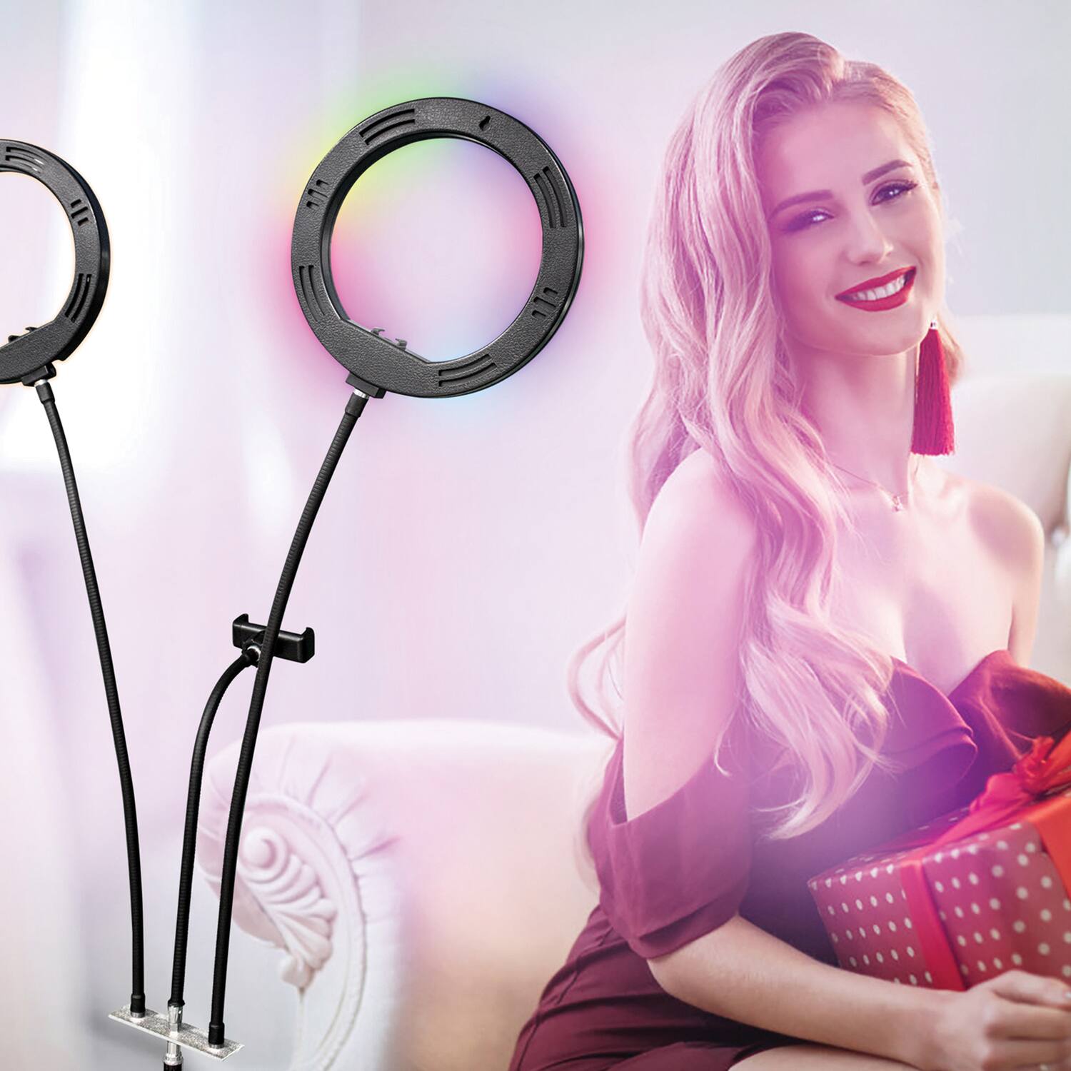 Left. Supersonic - Supersonic Sc-2710sr Pro Live Stream Double 8-inch Led Selfie Rgb Ring Light With Tripod Stand - black.