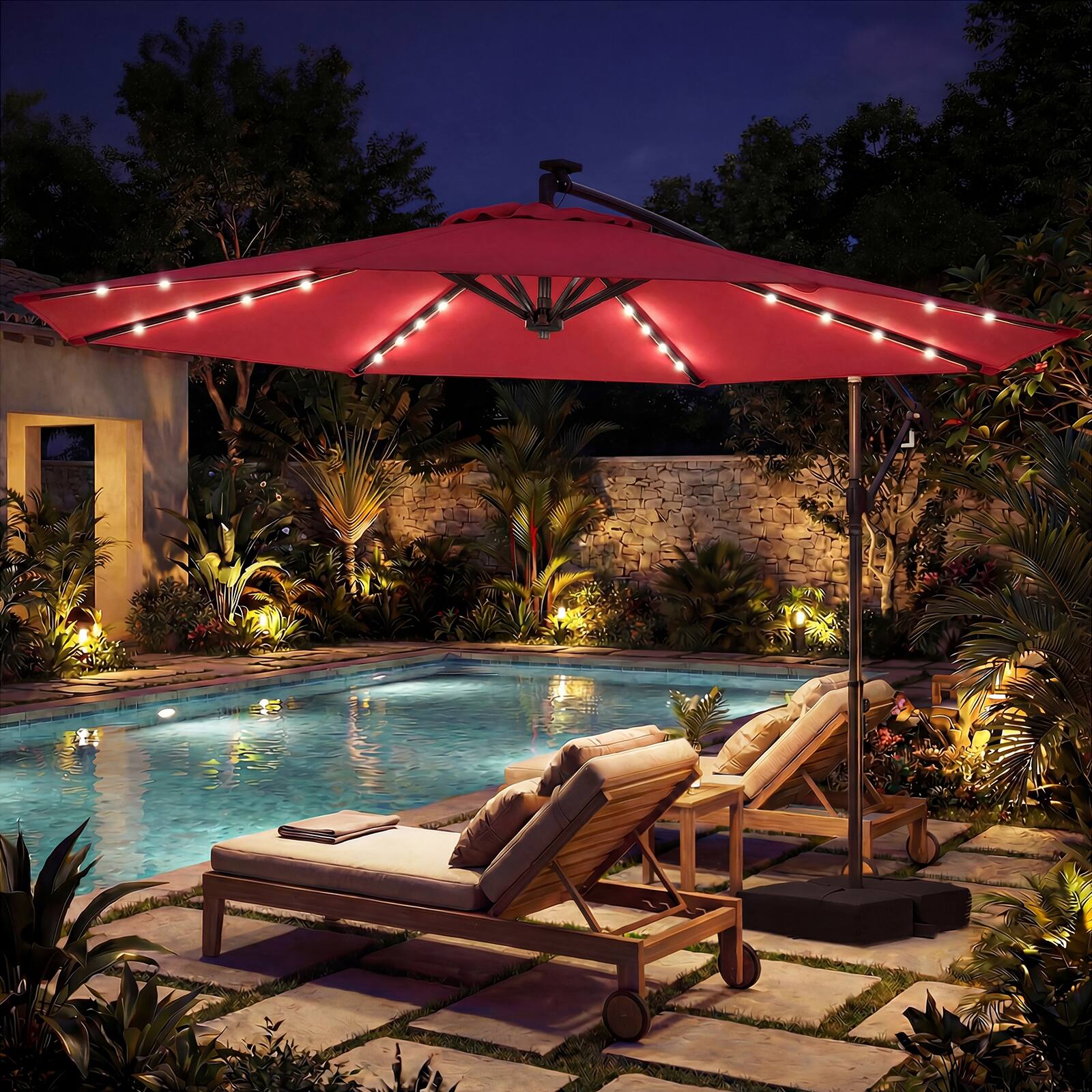 Alt View 4. Costway - Costway 10 FT Solar Offset Hanging Umbrella Patio Cantilever Umbrella with 32 LED Lights - Red.