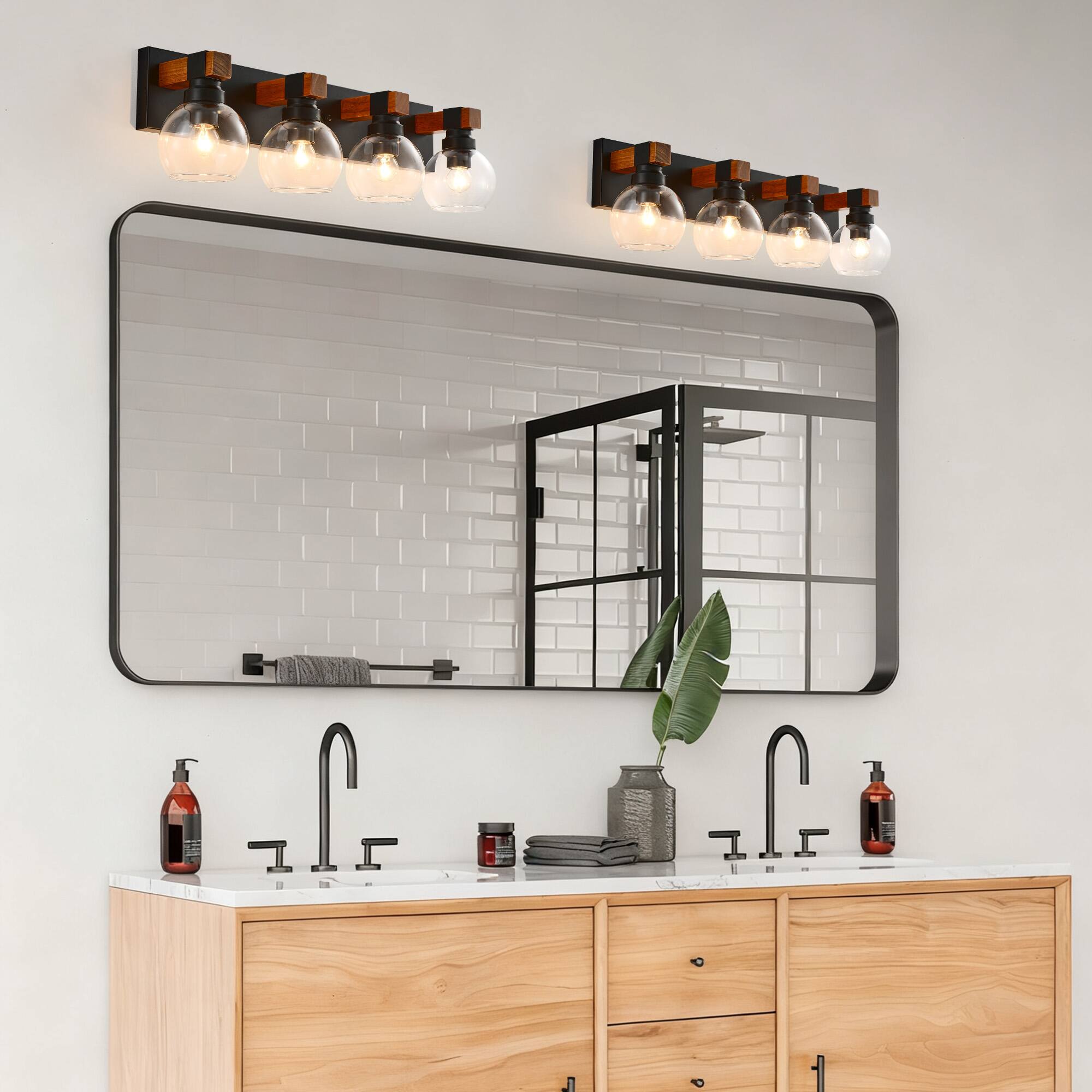 Alt View 2. RYHNUYNE - 4 Light Bathroom Vanity Light Fixtures, Black and Gold Wood Bathroom Light Fixtures Over Mirror, Farmhouse Wall Sconces4 - Black and Gold.