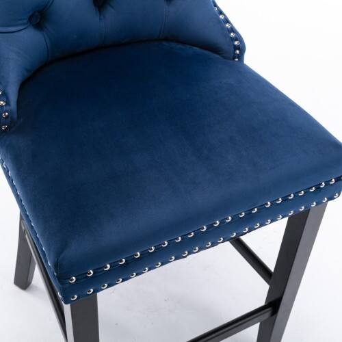 Alt View 2. LUCKY ONE - Assembled Velvet Bar Stool Set of 2 with Button Tufted Wood Legs Chrome Nailhead Trim - Blue.