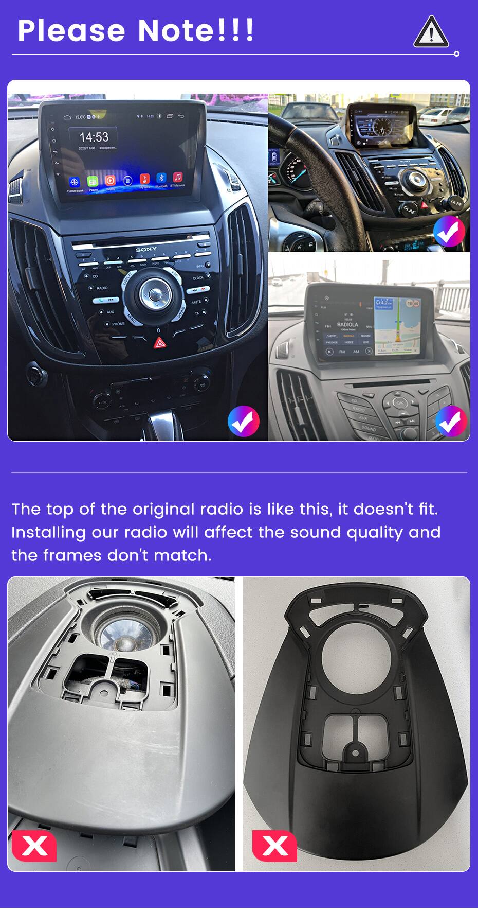 Please Note!!!

The top of the original radio is like this, it doesn't fit. Installing our radio will affect the sound quality and the frames don't match.