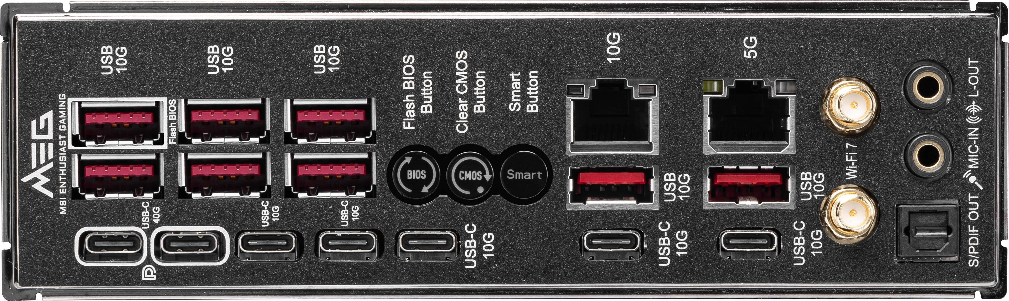 The text on the image reads:

GAMING WEB ENTHUSIAST MS USB 10G USB-C 40G BIOS B Flash USB 10G USB-C 10G USB 10G - USB-C 10G BIOS Flash Button BIOS CMOS Button Smart Button Clear CMOS Smart USB-C 10G 10G USB 10G USB-C 10G 5G USB 10G USB-C 10G 7 Wi-Fi 7 L-OUT MIC-IN OUT S/PDIF
