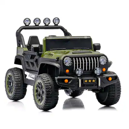 Front. BreeBe - 24V Kids 2-Seater Electric Ride-On Car, Remote Control, 4WD, LED Lights, Adjustable Speed, USB MP3, Army Green - Green.