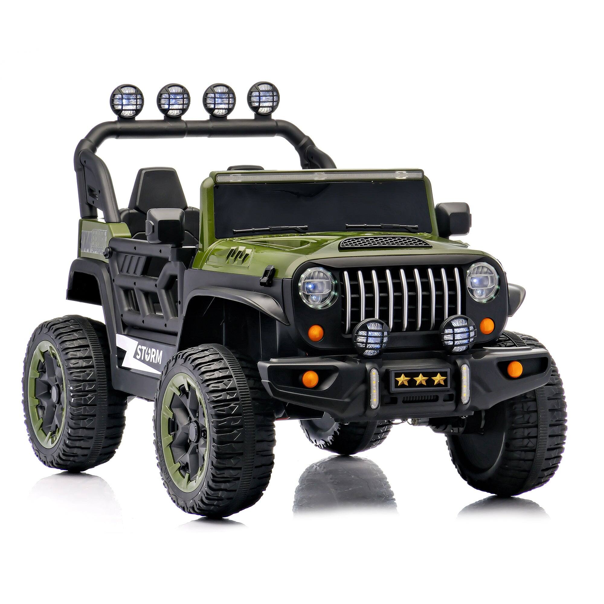 Front. BreeBe - 24V Kids 2-Seater Electric Ride-On Car, Remote Control, 4WD, LED Lights, Adjustable Speed, USB MP3, Army Green - Green.