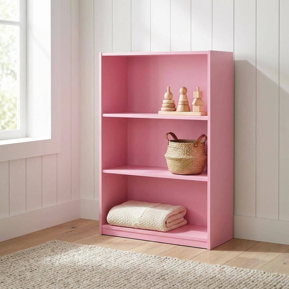 Left. FurniFact - Pink 3-Tier Adjustable Shelf Bookcase with Sturdy Wood Construction - Pink.