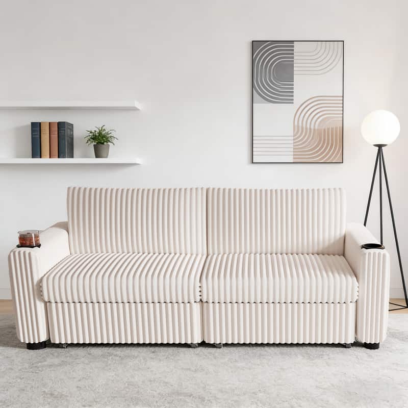 Vipbear - 91" Convertible Sofa Bed, 3-in-1 Sleeper Sofa with Pull-Out Bed, Couch Folding Loveseat, USB Ports & Adjustable Backrest - Beige