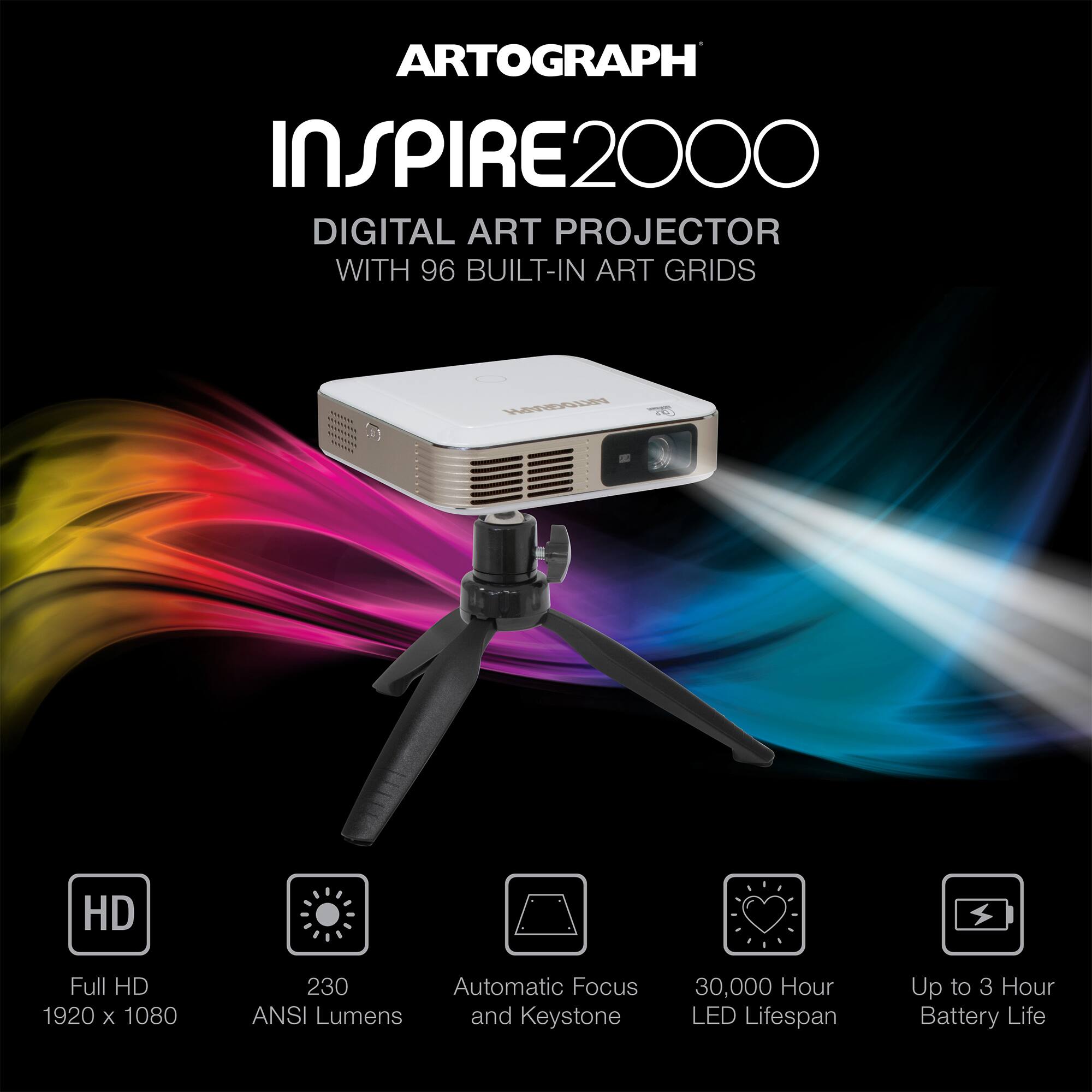 ARTOGRAPH INSPIRE2000 DIGITAL ART PROJECTOR WITH 96 BUILT-IN ART GRIDS

ARTOGRAPH
HD
Full HD 1920 x 1080
230 Automatic Focus ANSI Lumens and Keystone
30,000 Hour LED Lifespan
Up to 3 Hour Battery Life