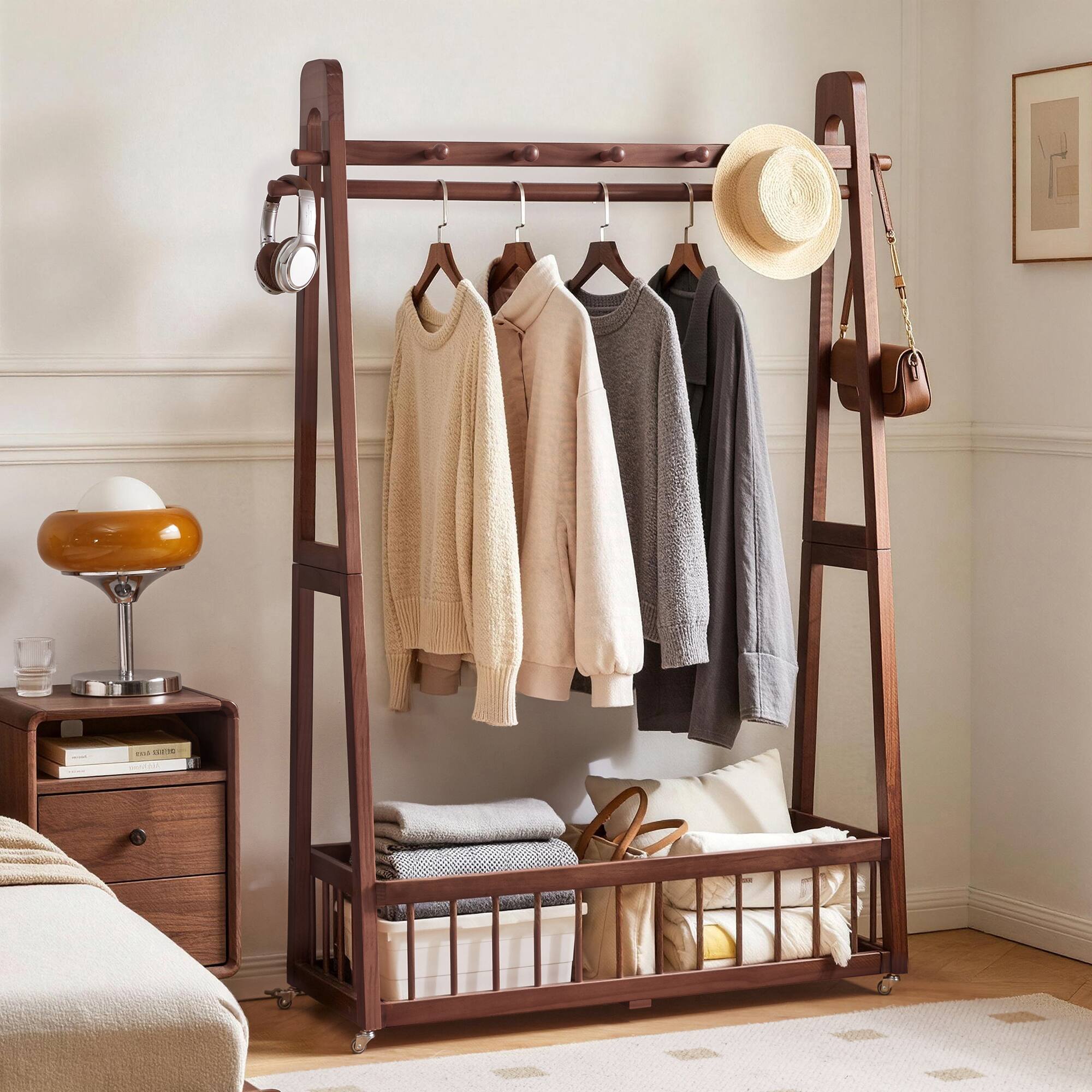 Angle. LUCKY ONE - Solid Wood Freestanding Clothing Garment Rack with Lockable Wheels - Walnut.