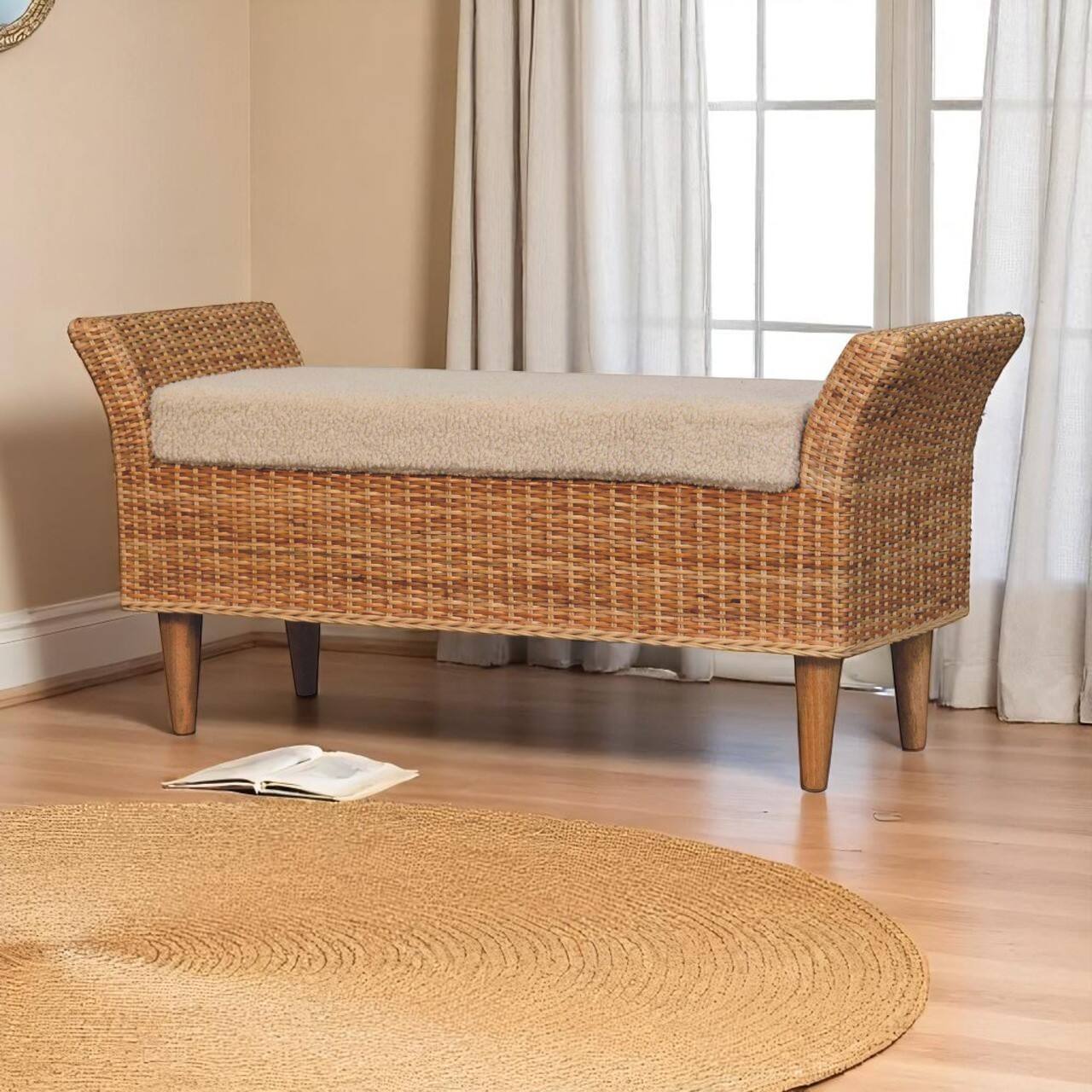 Angle. Artisan Furniture - Artisan Furniture Solid Wood Riviera Woven Bench, Upholstered, Brown & Cream - Brown & Cream.