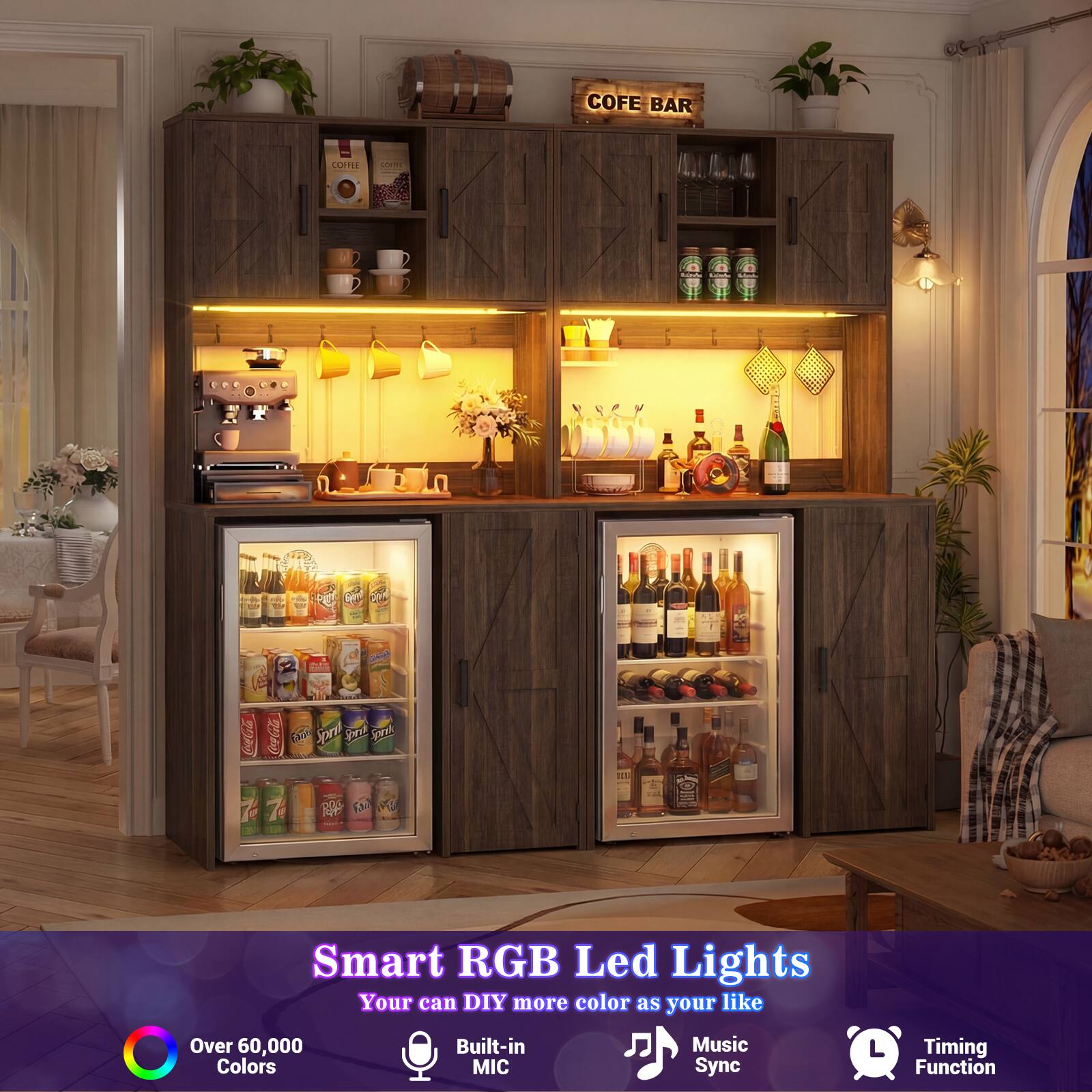 COFE BAR CLPTE Lom - L CocaCola Ton Spa Sor Fot w 7 7 i3 PO Smart RGB Led Lights  
Your can DIY more color as your like  
Over 60,000 Colors  
Built-in MIC  
Music Sync  
Timing Function