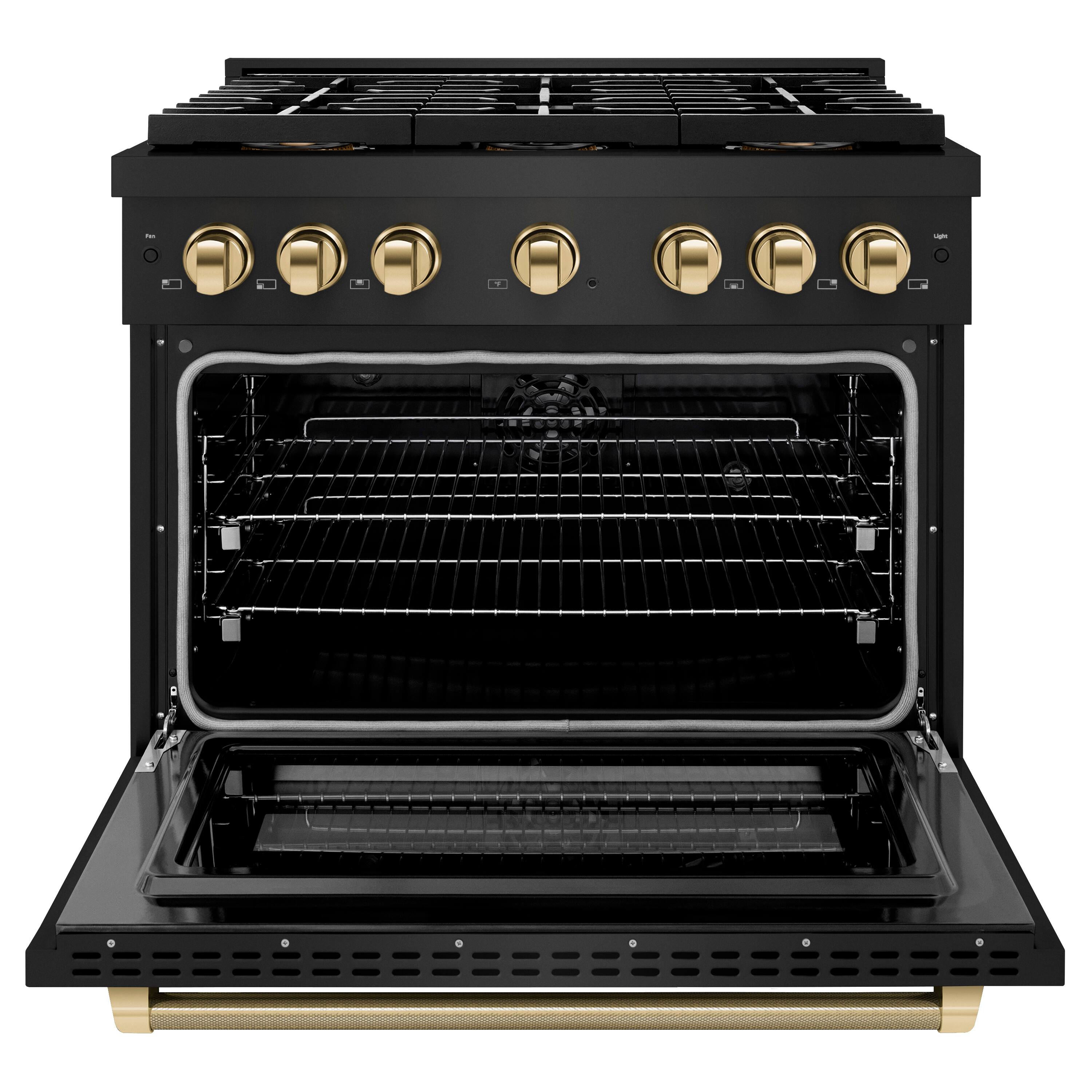 Angle. ZLINE - Autograph 36 in. 5.2 cu. ft. Freestanding Paramount DuoPro Dual Fuel Range in Black Steel with Polished Gold Handle - Black Stainless Steel.