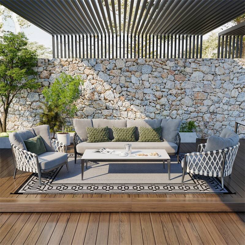 Alt View 3. HTUTWOO - Reversible Outdoor Rug -9' x 12' Waterproof Plastic Straw Floor Mat,Portable Camping Carpet,Large Patio Mat for Backyard - BLACK+GREY.