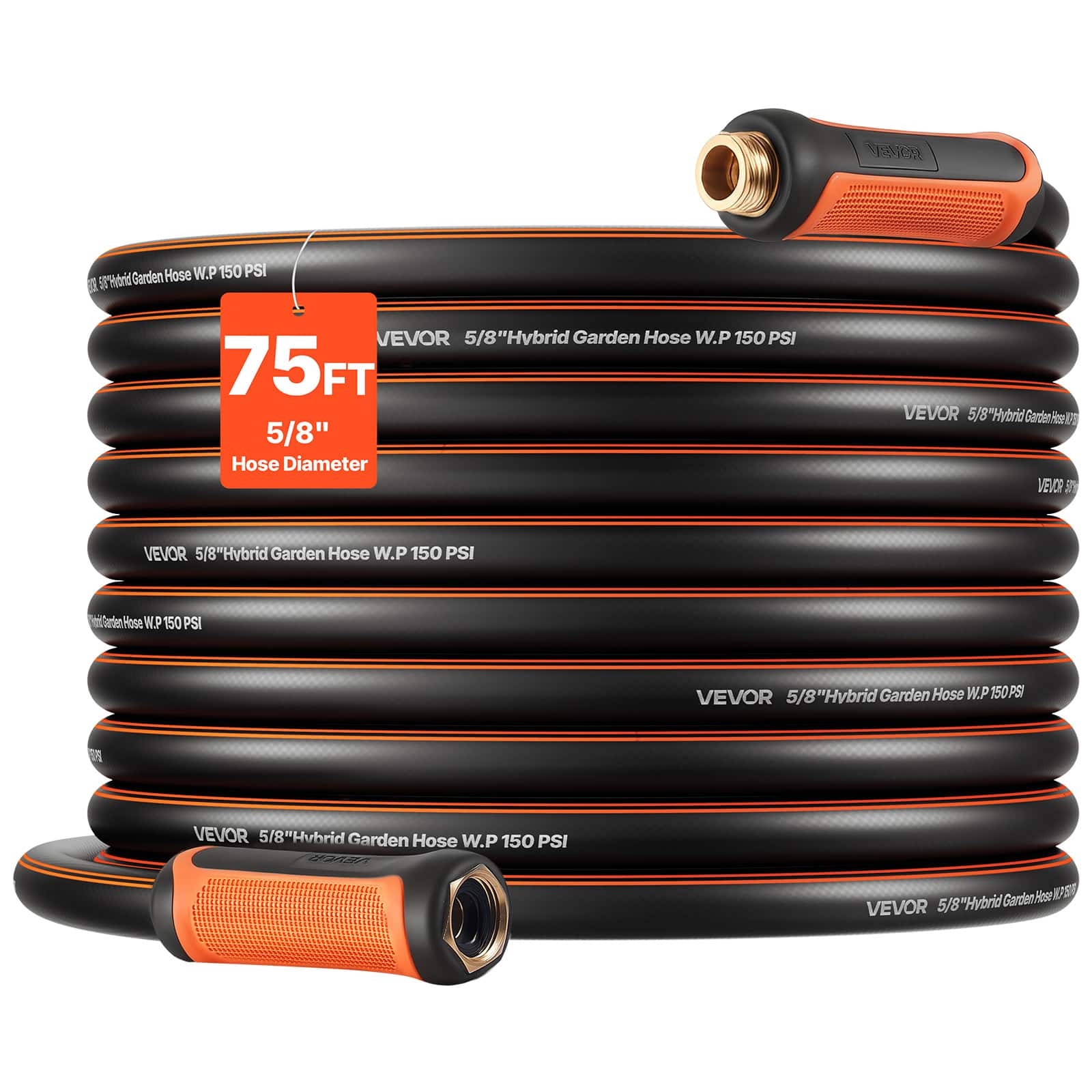 VEVOR - Garden Hose, 75 ft 5/8" Heavy Duty 4-Layer Rubber Water Hose, 150PSI Working & 600PSI Burst, Flexible & Non-kink Outdoor - Orange + Black - Thumbnail 3