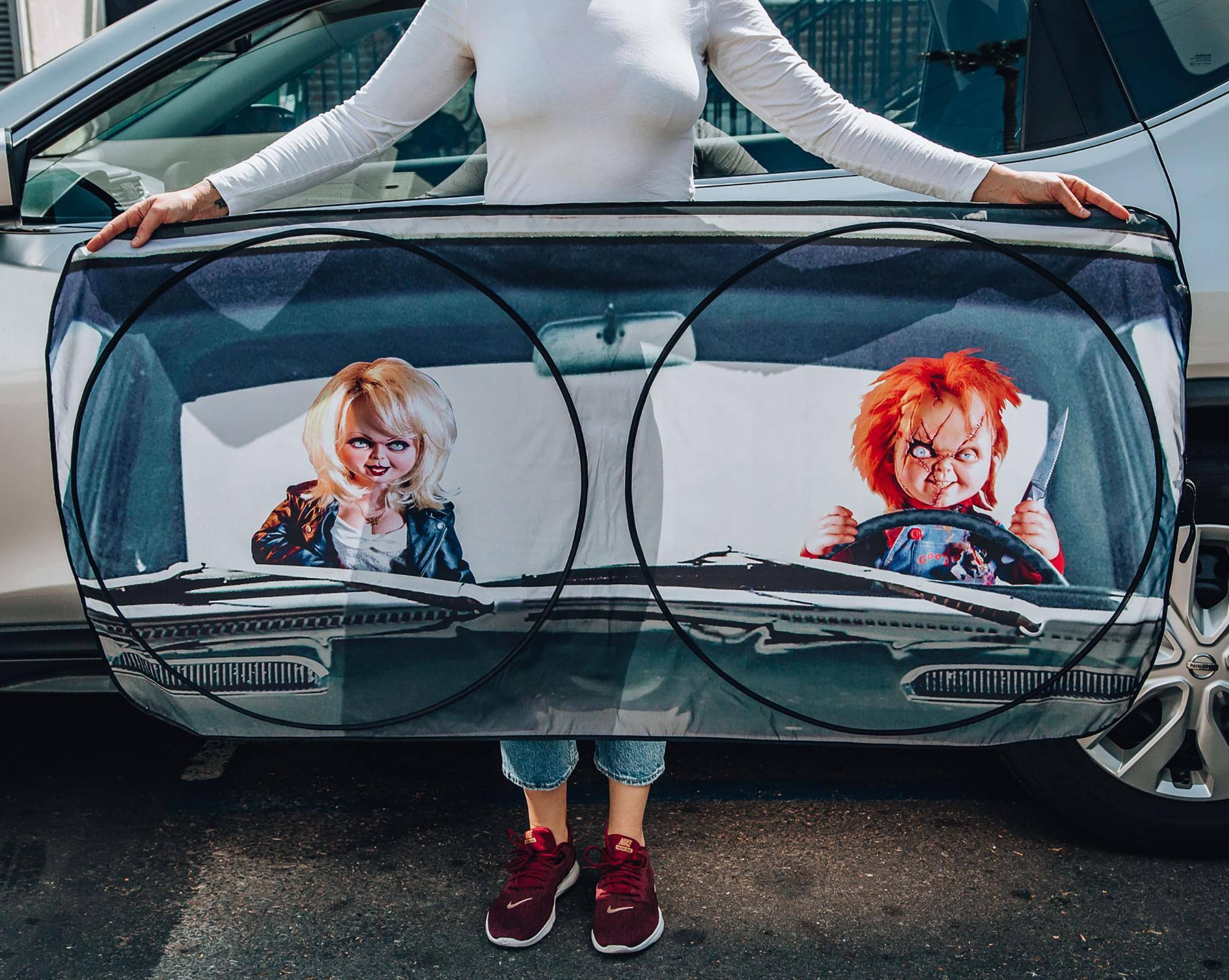 Alt View 2. Surreal Entertainment - Child's Play Chucky Sunshade for Car Windshield | 64 x 32 Inches - Black.