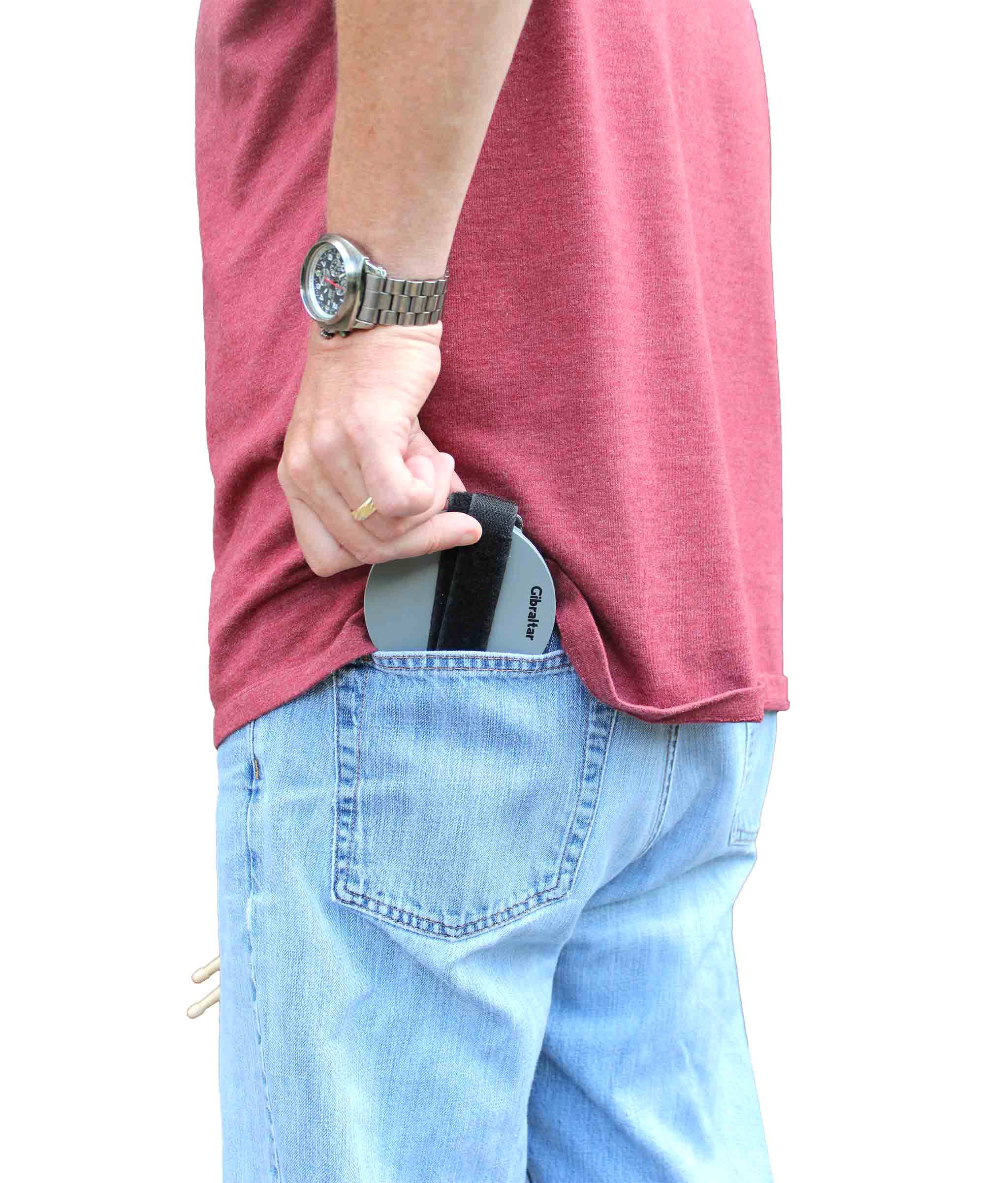 Back. Gibraltar Hardware - Pocket Practice Pad, with Gum Rubber Playing Surface, Steel Base, Non-Slip Bottom and Leg Strap for Quiet Tabletop.