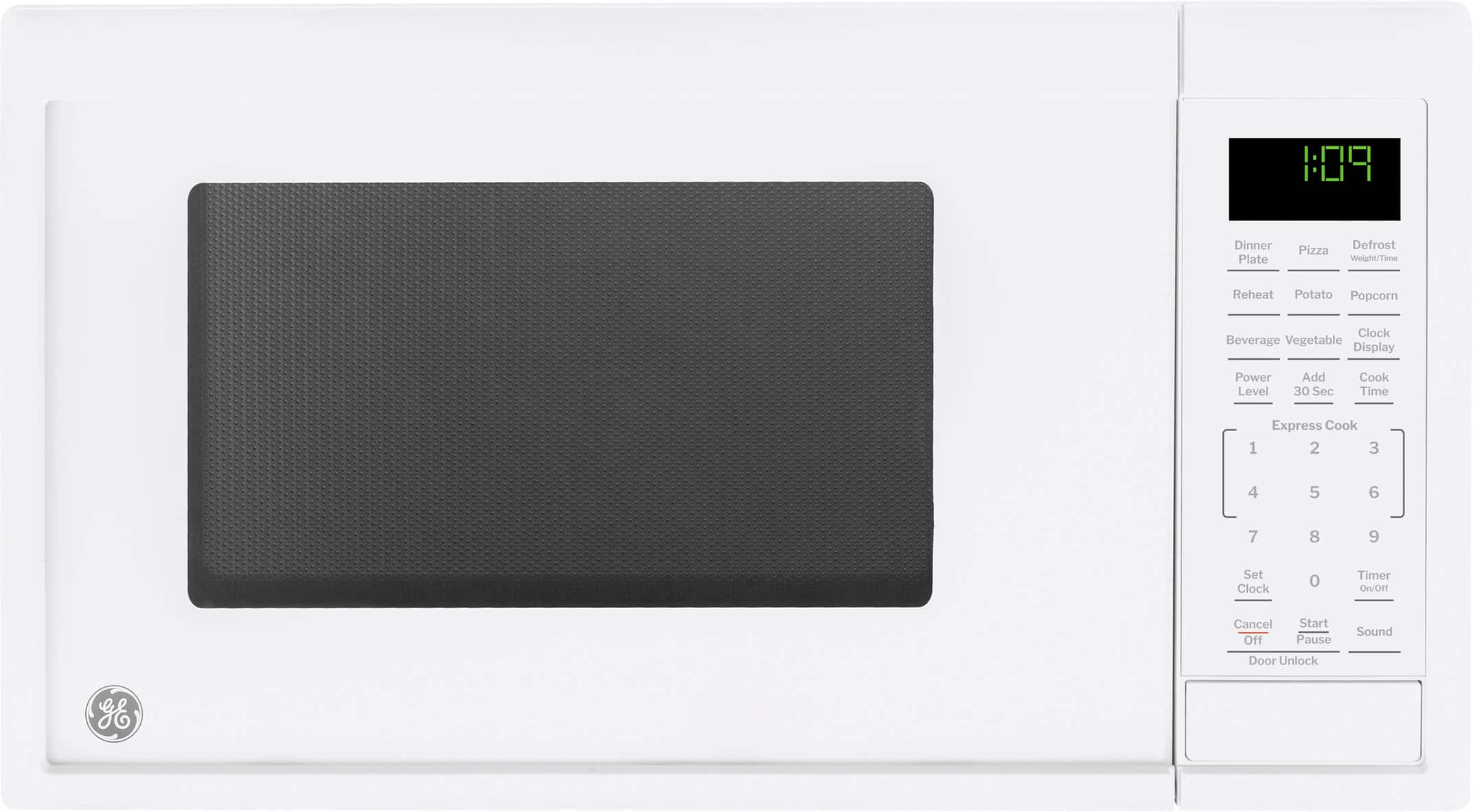 The text on the image is:
PO: Dinner Plate Pizza Defrost Weight/Time Reheat Potato Popcorn Clock Beverage Vegetable Display Power Level Add 30 Sec Cook Time Express Cook 1 2 3 4 5 6 7 8 9 Set Clock 0 Timer On/Off Cancel Off Start Pause Sound Door Unlock gE
Corrected text:
PO: Dinner Plate Pizza Defrost Weight/Time Reheat Potato Popcorn Clock Beverage Vegetable Display Power Level Add 30 Sec Cook Time Express Cook 1 2 3 4 5 6 7 8 9 Set Clock 0 Timer On/Off Cancel Off Start Pause Sound Door Unlock gE