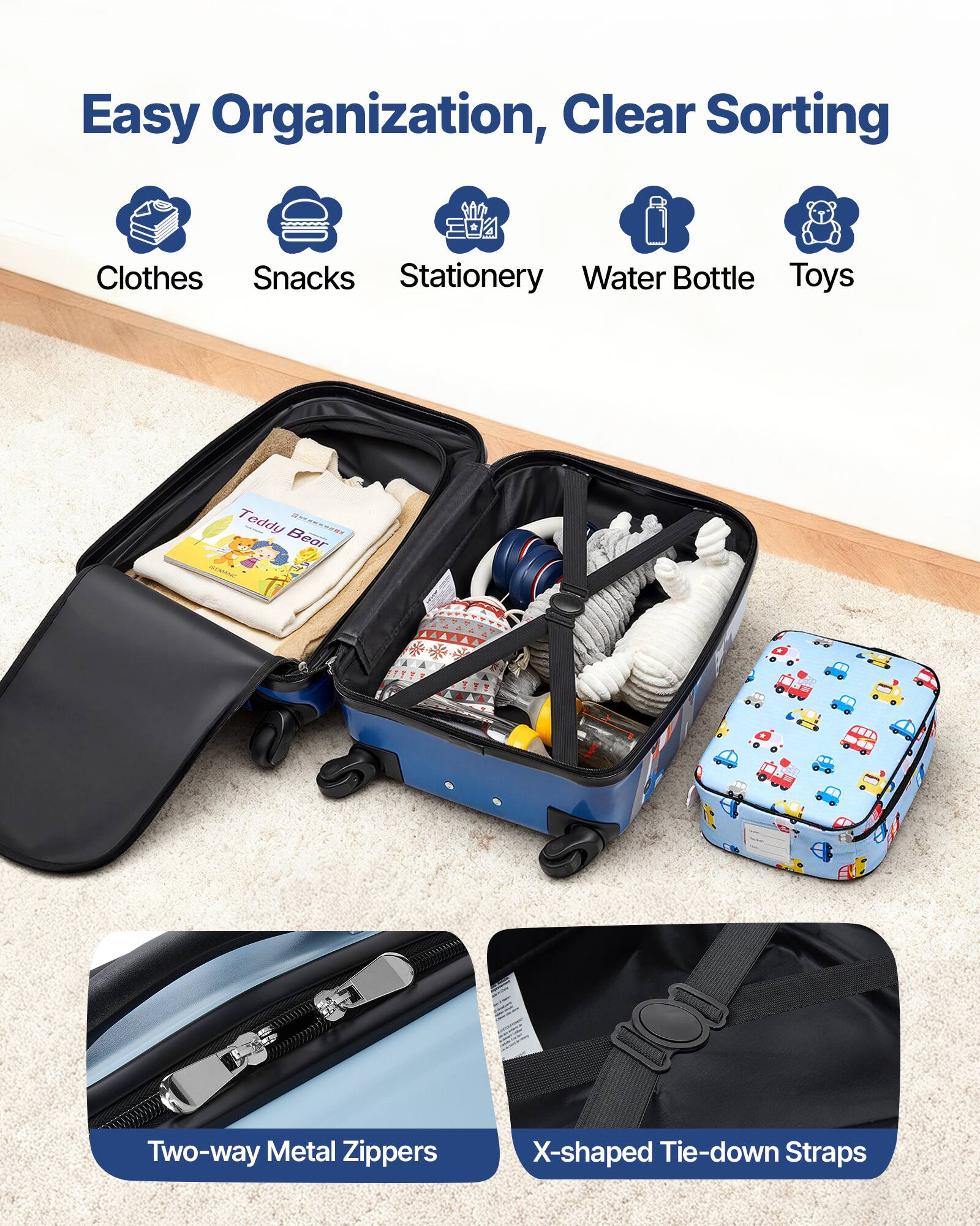 Easy Organization, Clear Sorting

- Clothes
- Snacks
- Stationery
- Water Bottle
- Toys

Teddy Bear

Two-way Metal Zippers

X-shaped Tie-down Straps