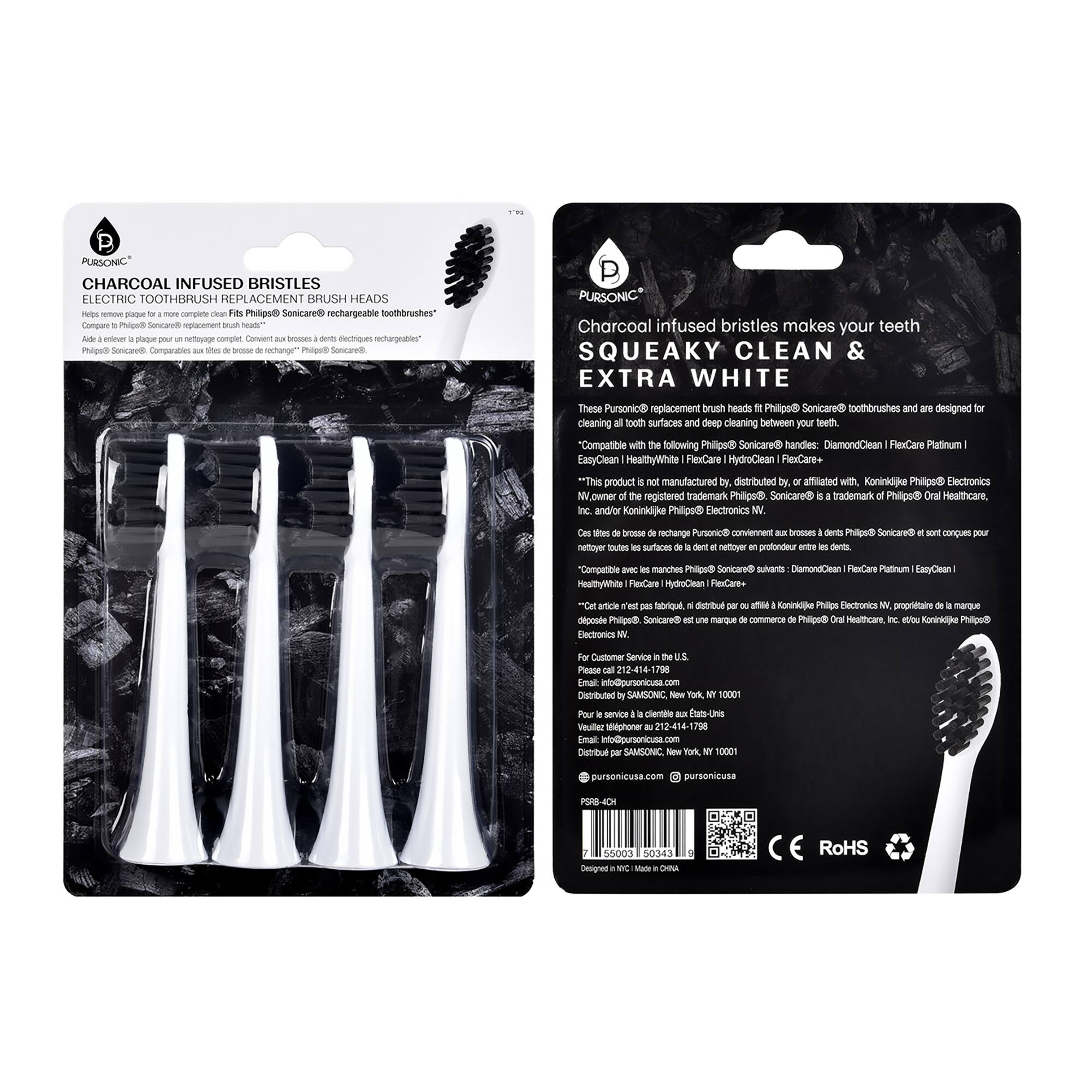 P PURSONIC CHARCOAL INFUSED BRISTLES ELECTRIC TOOTHBRUSH REPLACEMENT BRUSH HEADS - Helps remove plaque for a complete clean Fits Philips Sonicare rechargeable toothbrushes. Charcoal infused bristles makes your teeth SQUEAKY CLEAN & EXTRA WHITE. These Pursonic replacement brush heads fit Philips Sonicare toothbrushes and are designed for cleaning all tooth surfaces and deep cleaning between your teeth. *Compatible with the following Philips Sonicare handles: DiamondClean FixCare Platinum | EasyClean HealthyWhite | FlexCare | HydroClean | FlexCare+. This product is not manufactured, distributed by, or affiliated with, Koninklijke Philips Electronics NV. The Philips Sonicare trademark is a registered trademark of Philips Oral Healthcare, Inc. and/or Koninklijke Philips Electronics N.V.
