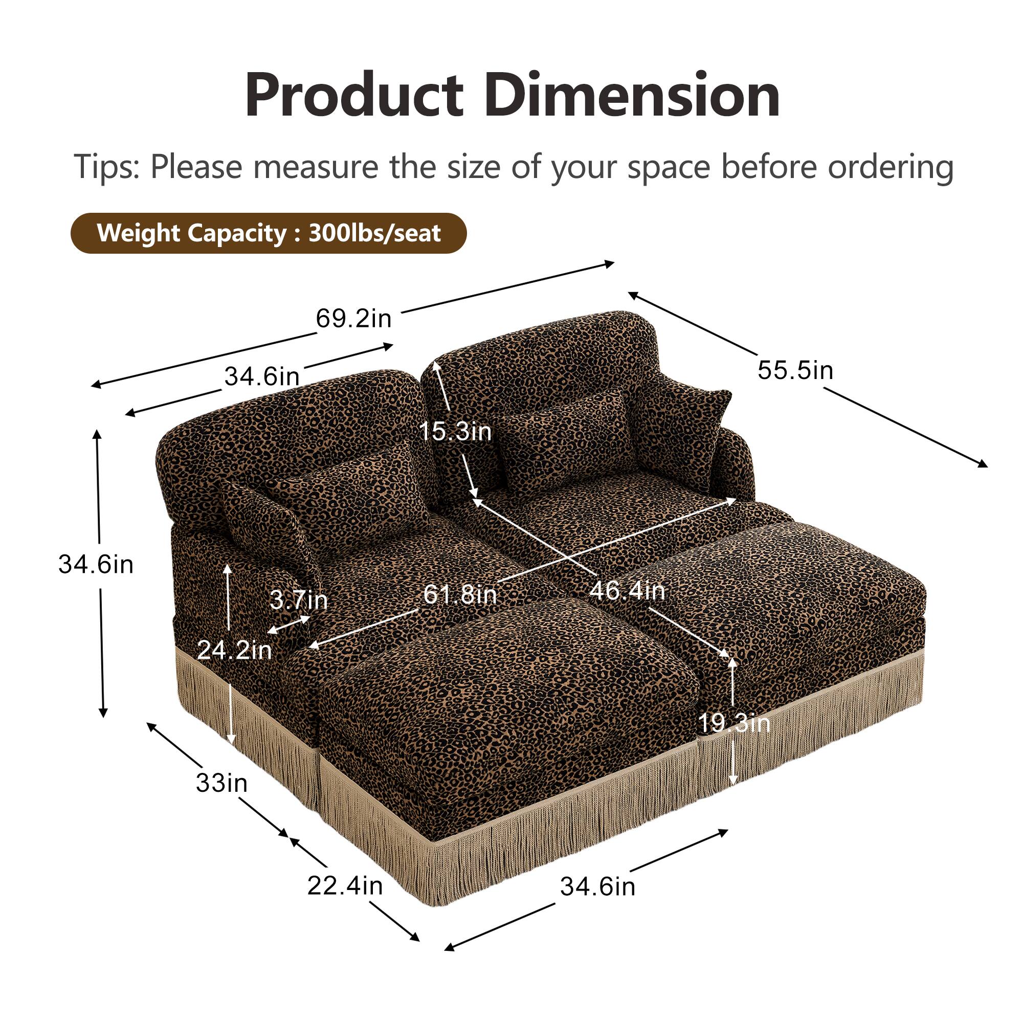 Product Dimension Tips: Please measure the size of your space before ordering  
Weight Capacity: 300lbs/seat  
69.2in  
34.6in  
55.5in  
15.3in  
34.6in  
3.7in  
61.8in  
46.4in  
24.2in  
19.3in  
33in  
22.4in  
34.6in