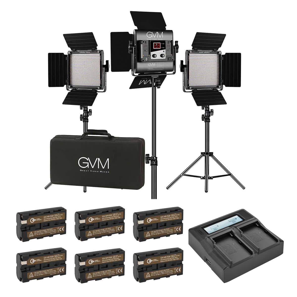 GVM - 560AS 30W Bi-Color Soft LED Panel 3-Light Kit, Bundle with Green Extreme Dual Smart Charger, 6x NP-F550 Lithium-Ion
