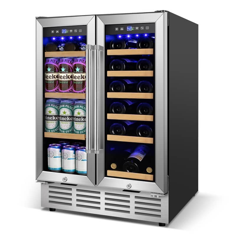 HOOURE - 24in. Dual Zone 22-Wine Bottles and 96 Cans Wine Cooler Fridge with Adjustable Feet Frostless - Stainless Steel