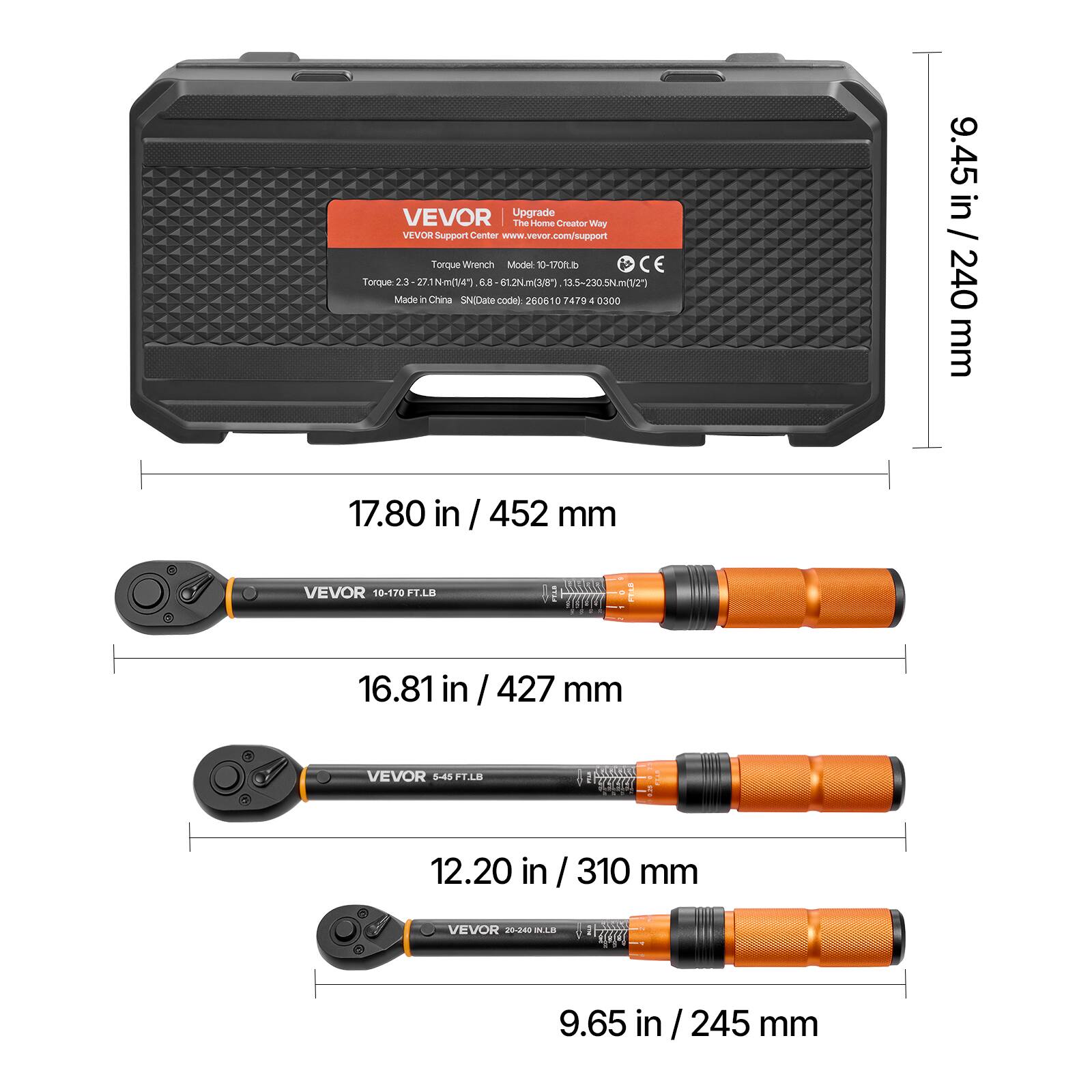 VEVOR Upgrade The rioma Creasor Way HOVIN Support Camter www.vevor.com/support Forque Wench Model 10-S0 Torque 23-221 NI da 1.2NmG 135-2:30 SN#/2) Made in China SNOe code) 200010 1475 4 0300 9.45 in / 240 mm 17.80 in / 452 mm VEVOR 10-120 FT.LB RLAANGACR OUU 16.81 in / 427 mm VEVOR S.AE FT1B U 1 PESO : I 12.20 in / 310 mm VEVOR 20-248 ILn AN 1 9.65 in / 245 mm