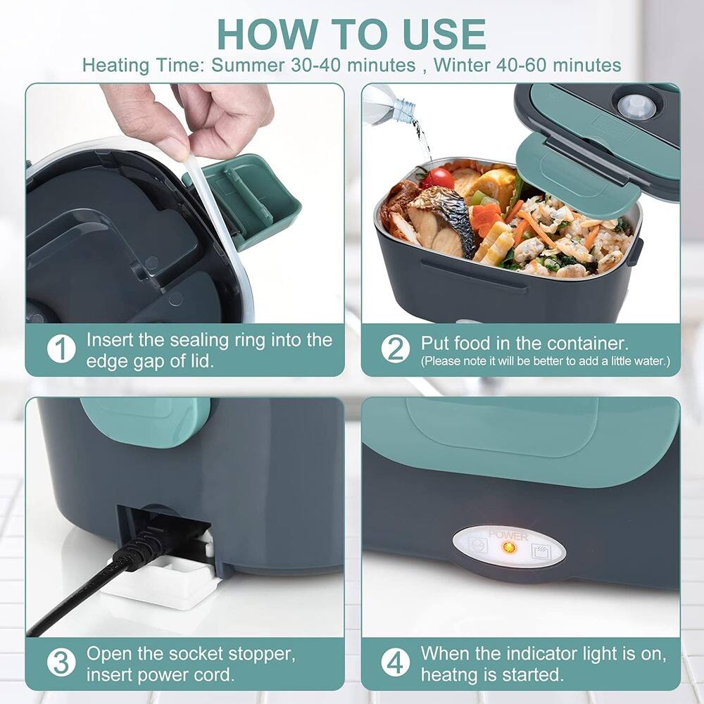 **HOW TO USE**

**Heating Time: Summer 30-40 minutes, Winter 40-60 minutes**

1. Insert the sealing ring into the edge gap of the lid.
2. Put food in the container. (Please note it will be better to add a little water.)
3. Open the socket stopper, insert power cord.
4. When the indicator light is on, heating is started.