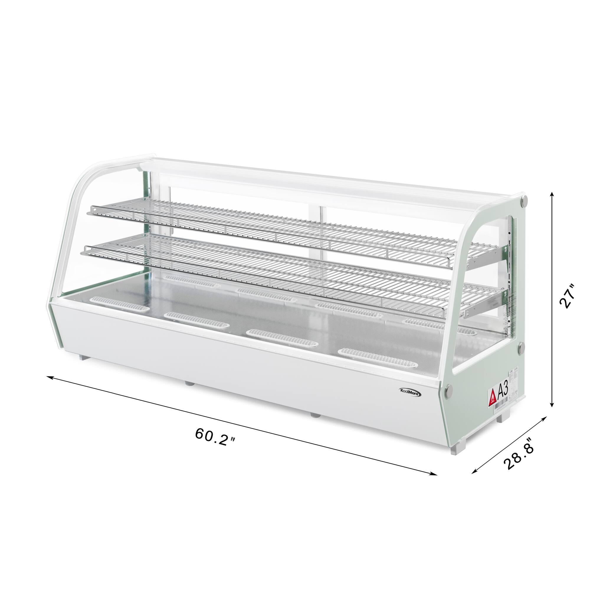 The image shows a white display case with a clear glass front. The case is 60.2 inches long and 28.8 inches wide. The display case is designed to hold food items, and it is likely used in a restaurant or store setting.