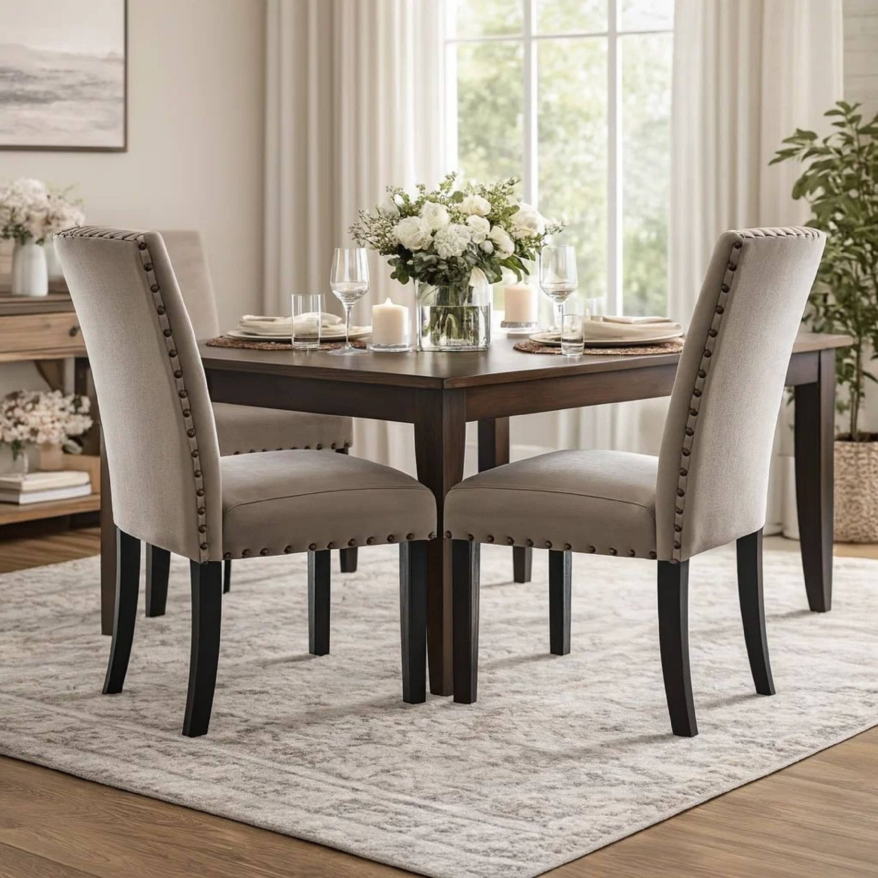 Alt View 7. Manhattan Lane - Nailhead Trim Fabric Upholstered Wooden Side Chair, Set of 2 - Beige and  Brown.