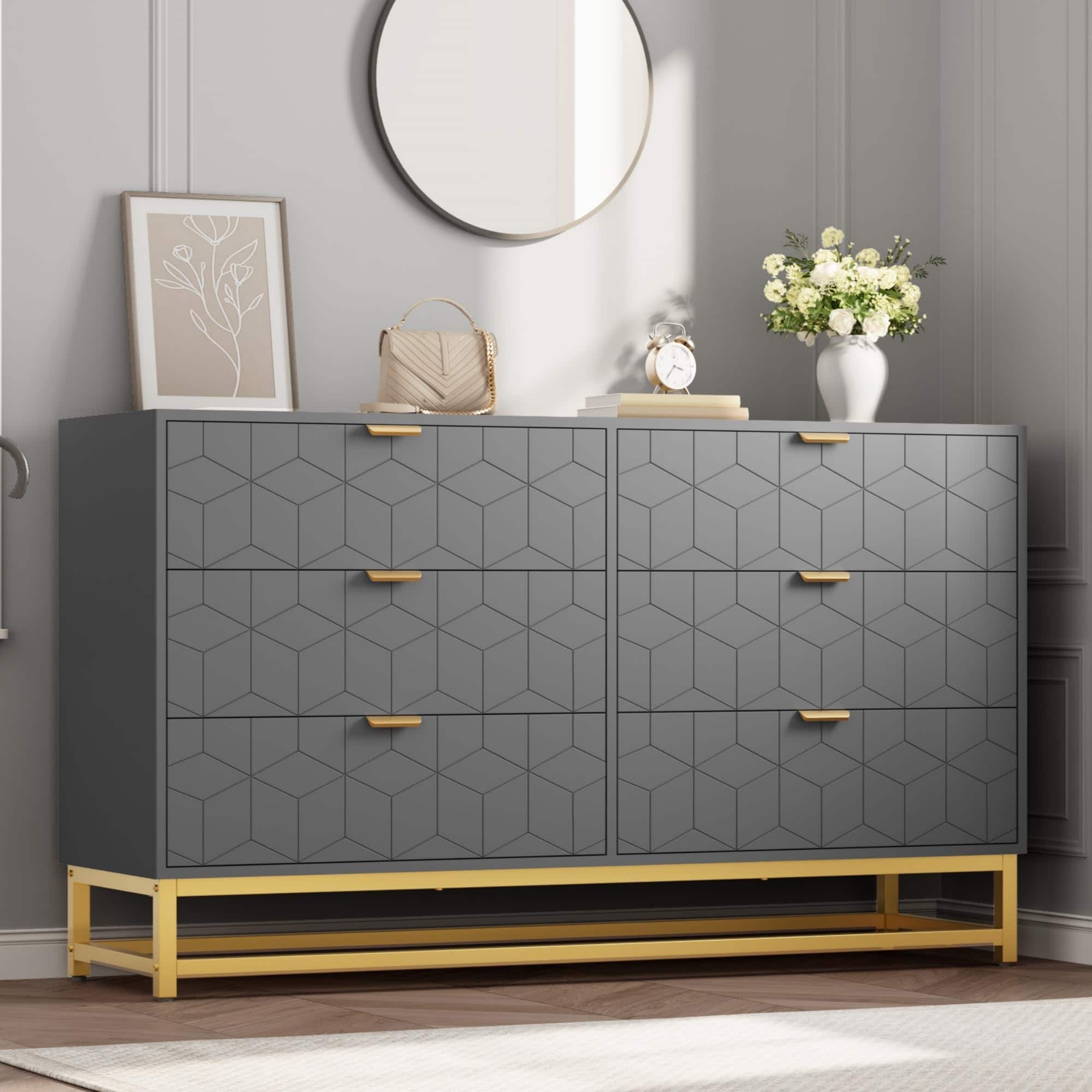 Jojoka - 6 Drawer Dresser for Bedroom, 53.5" Wide Dresser with Golden Metal Handle and Legs, Modern Chest of Drawers for Closet - Gray