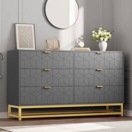 Jojoka - 6 Drawer Dresser for Bedroom, 53.5" Wide Dresser with Golden Metal Handle and Legs, Modern Chest of Drawers for Closet - Gray