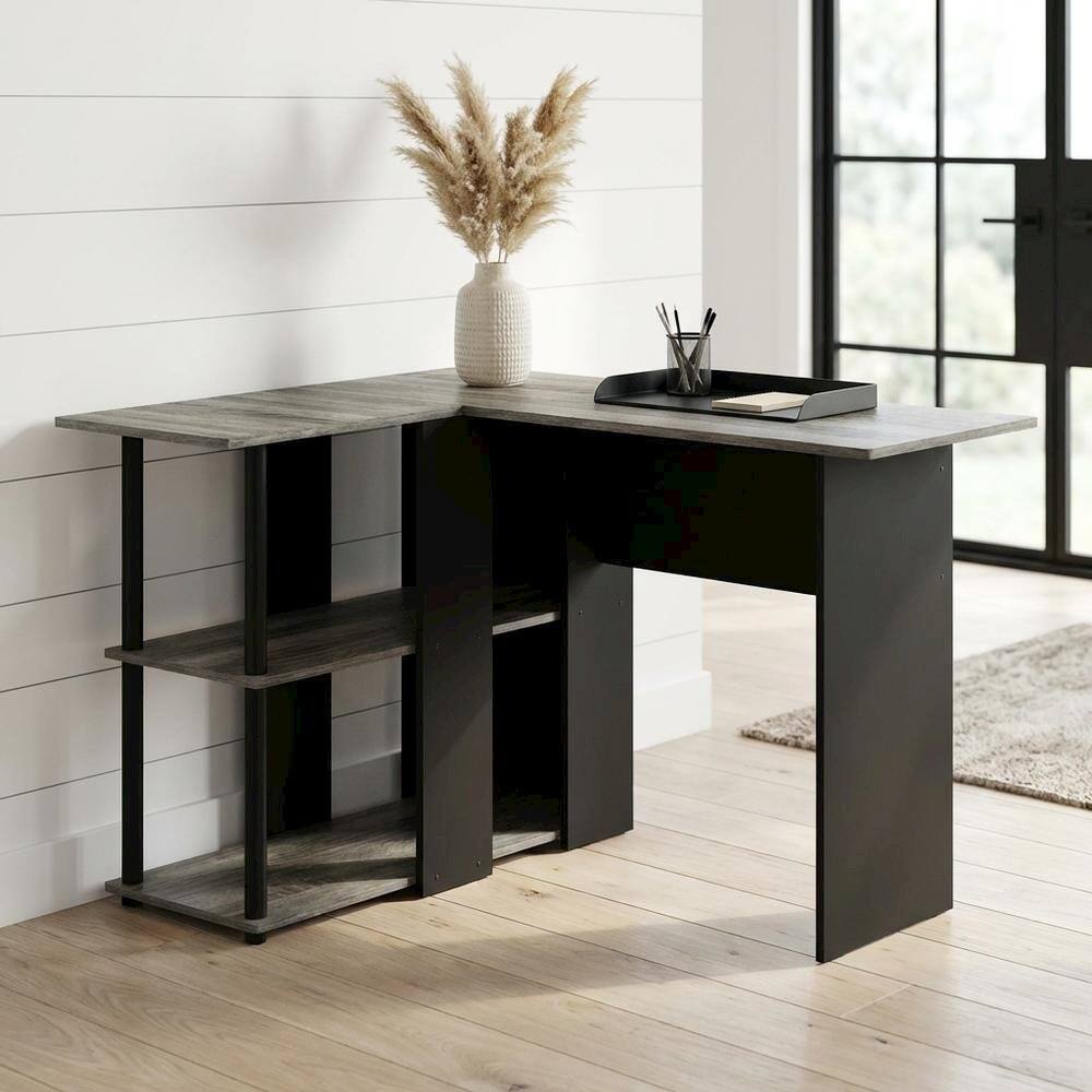 Angle. BisonOffice - L-Shape Desk with Bookshelf, French Oak Grey/Black, Modern Computer Workstation - French Oak Grey/Black.