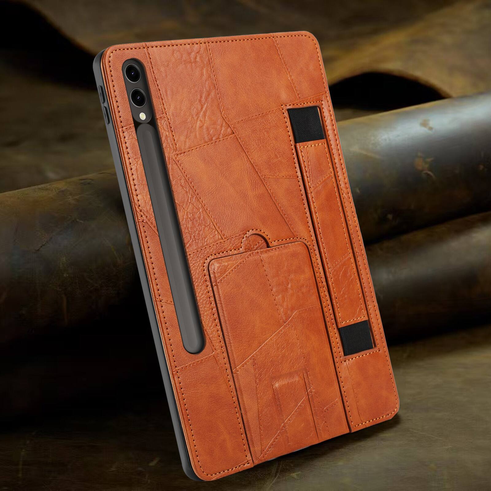 Alt View 3. Dteck - Leather Texture Case for Samsung Galaxy Tab S10 FE+, Shockproof Cover with Multi-Angle Stand and Secure Hand Strap - Brown.