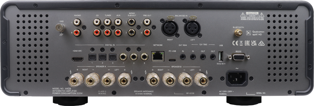 PHONO CD TUNER AUX MONO SUB OUT PRE OUT BALANCED IN CAUTION -NHC KOE  CPEN GND L 1 I BLUETOOTH E 1 a Qualcomm X aptX HD DIGITAL IN NETWORK RIGHT EXT R LEFT 12% TRIO usa CE UK HOME ARC PC-USB N IN OUT OUT R5232 RIGHT 1 2 SPEAKER A - 3 LEFT 1 2 3 RIGHT SPEAKER  LEFT SV/2.1A MODEL NO. X430 INTEGRATED AMPLIFIER POWER CONSUMPTION 520W CLASS 2 WIRING SPEAKER IMPEDANCE  OHMS NOMINAL 9-8258 AC 230V-230V 50/60Hz SERIAL NO