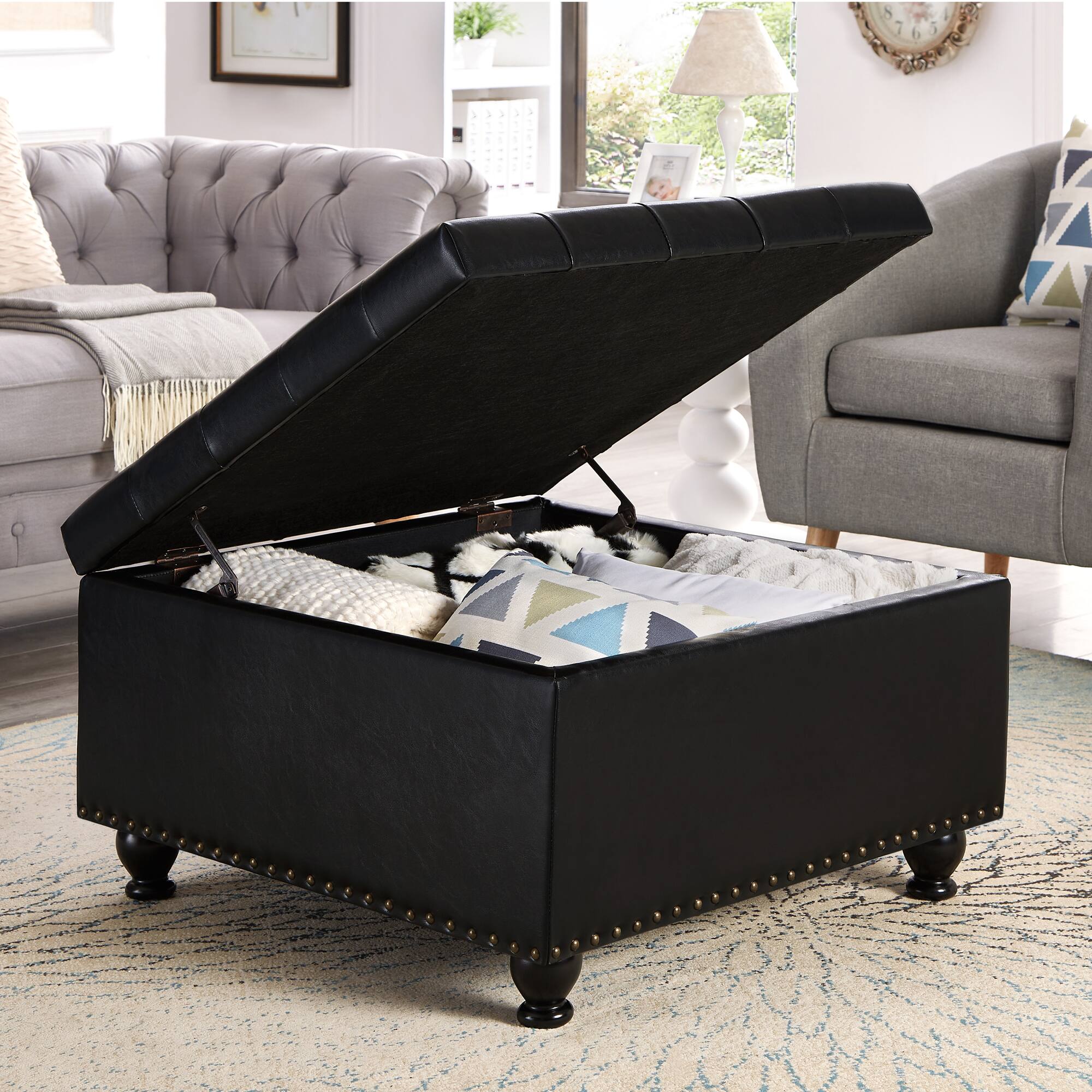 Back. APRILSOUL - Large Square Storage Ottoman Wooden Legs Upholstered Button Tufted Coffee Table Black - Black.