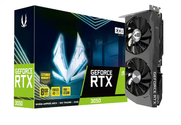 Sure, here is the corrected and grouped text from the image:
---
**NY ECO EDITION**
**GEFORCE RTX 3050**
- **8GB GDDR6**
- **FREEZE TECH**
- **FIRE STORM**
- **NVIDIA AMPERE ARCH**
- **RAY TRACING / DLSS**
- **EXTENDED WARRANTY** (Registration required at nvidia.com)
- **GEFORCE RTX**
---
This text is organized to reflect the key features and specifications of the graphics card as shown on the packaging.