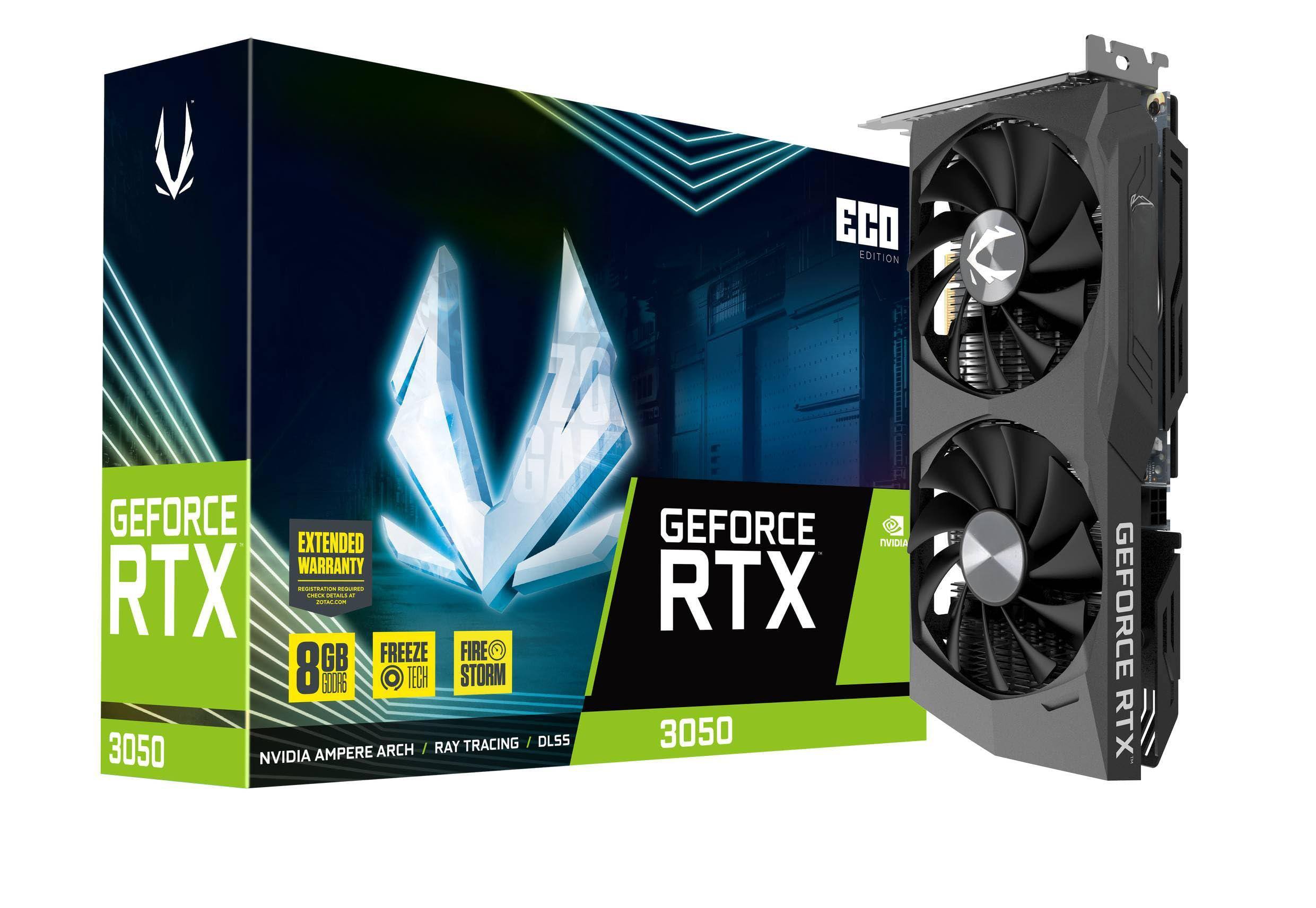Sure, here is the corrected and grouped text from the image:

---

**NY ECO EDITION**

**GEFORCE RTX 3050**

- **8GB GDDR6**
- **FREEZE TECH**
- **FIRE STORM**
- **NVIDIA AMPERE ARCH**
- **RAY TRACING / DLSS**
- **EXTENDED WARRANTY** (Registration required at nvidia.com)
- **GEFORCE RTX**

---

This text is organized to reflect the key features and specifications of the graphics card as shown on the packaging.
