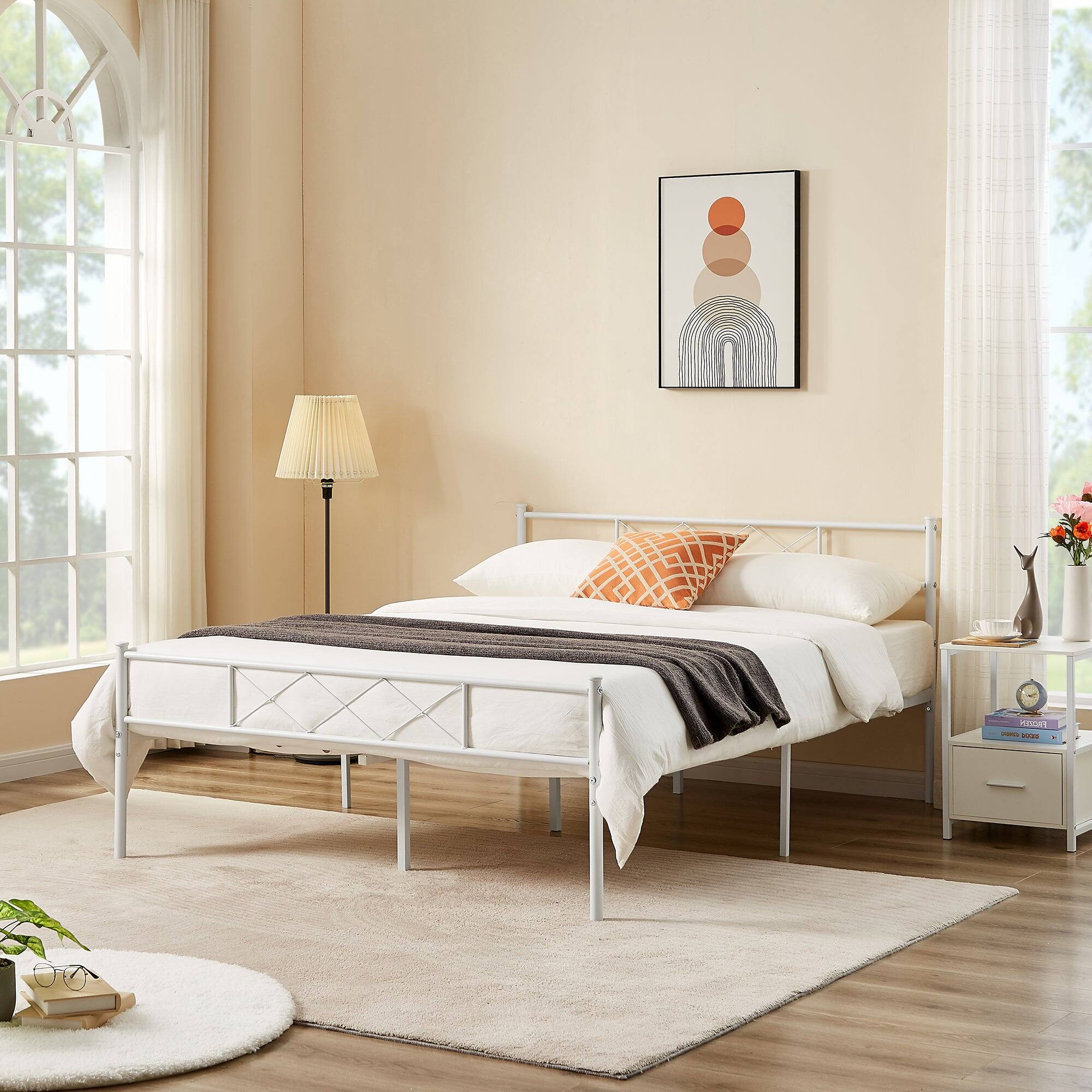 Alt View 2. Vecelo - Modern Sturdy Full Size Metal Bed Frame with Storage, Headboard & Footboard, Noise-Free Platform Bed - Full White.
